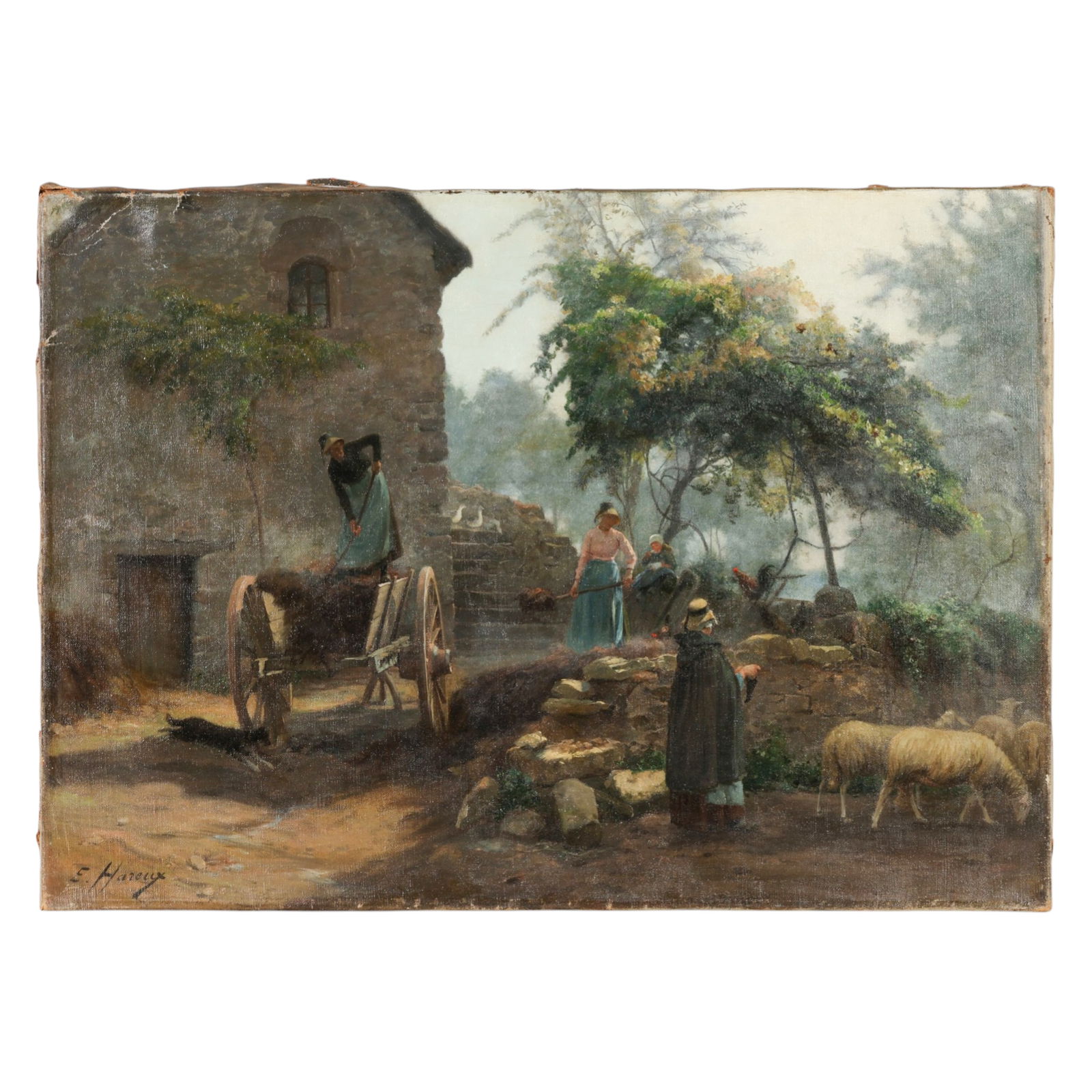 Ernest Hareux 1847-1909 Figural Pastoral Painting: Ernest Victor Hareux (French, 1847-1909), an oil on canvas depicting a rural scene with women engaged in daily tasks before a stone building, including one unloading hay from a wooden cart with sheep