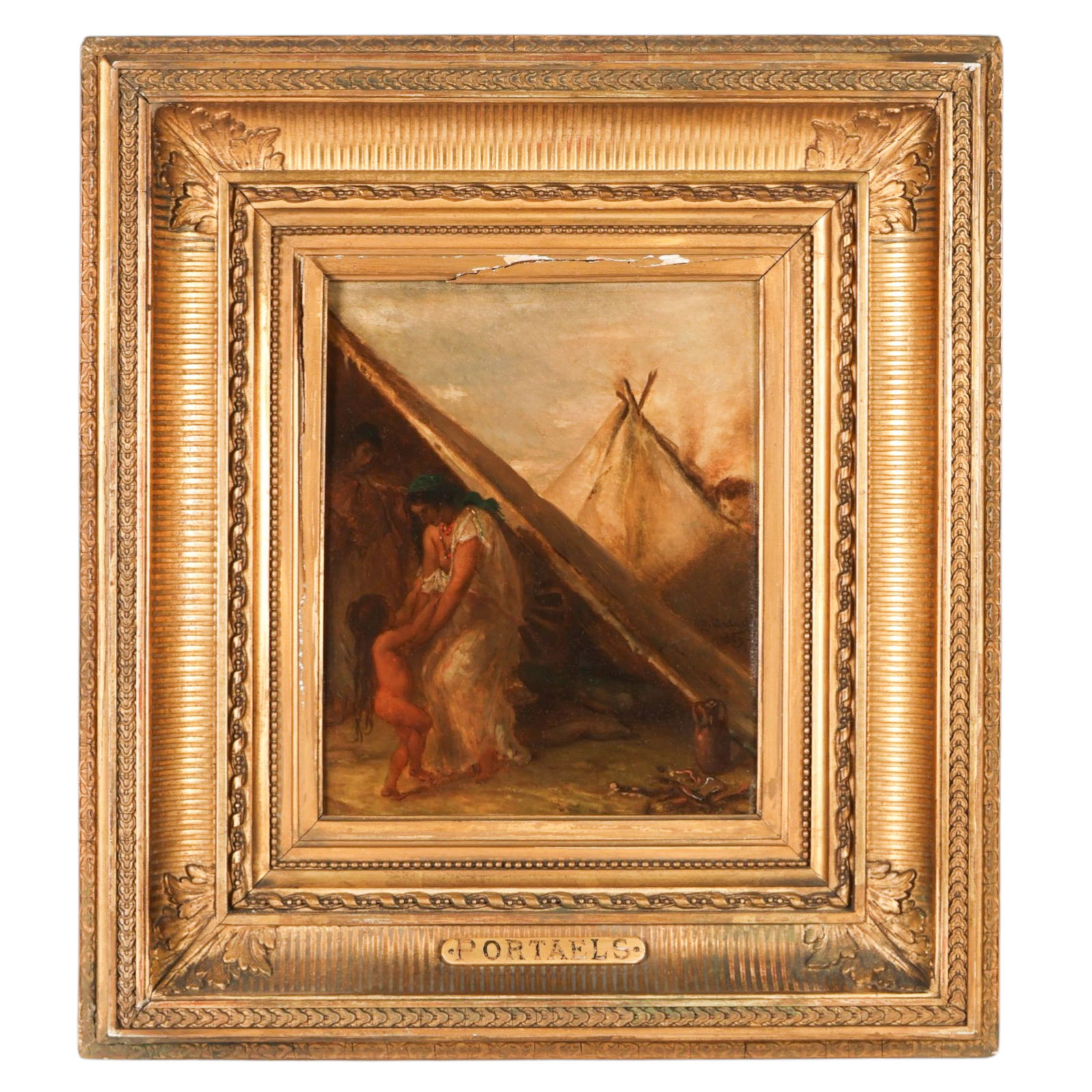 Jean F Portaels 1818-1895 Orientalist Oil Painting: Jean Francois Portaels (Dutch-French, 1818-1895), an antique oil on wood panel depicting an intimate domestic scene of a mother and young child seated outside a tented shelter, evoking a North African