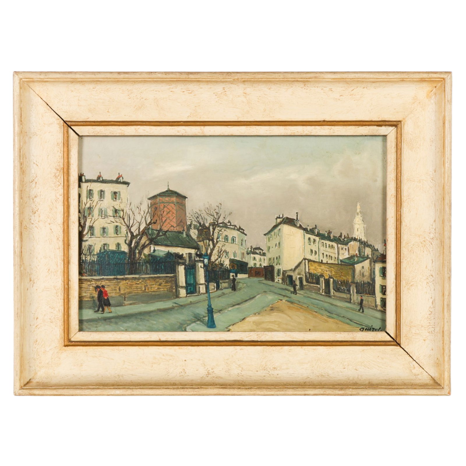 Leon Alphonse Quizet 1885-1955 Parisian Painting: Leon-Alphonse Quizet (French, 1885-1955), an antique oil on canvas depicting a Parisian street scene at a quiet corner in Montmartre with figures strolling along the boulevard, the clustered rooftops