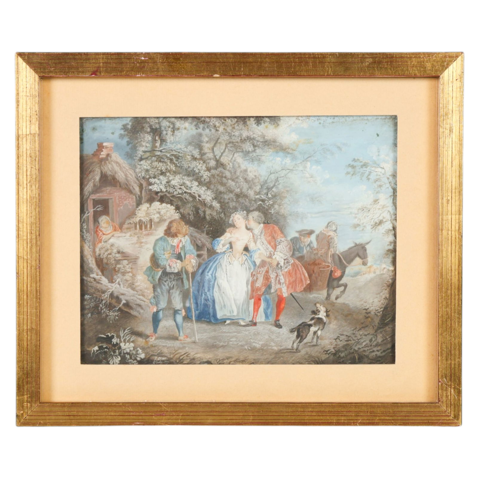 18C French Scene Gouache Painting SIGNED Rodian: French, an antique 18th century gouache painting signed Rodian on paper depicting a romanticized pastoral courtship scene with elegantly dressed figures gathered within a wooded landscape, surrounded