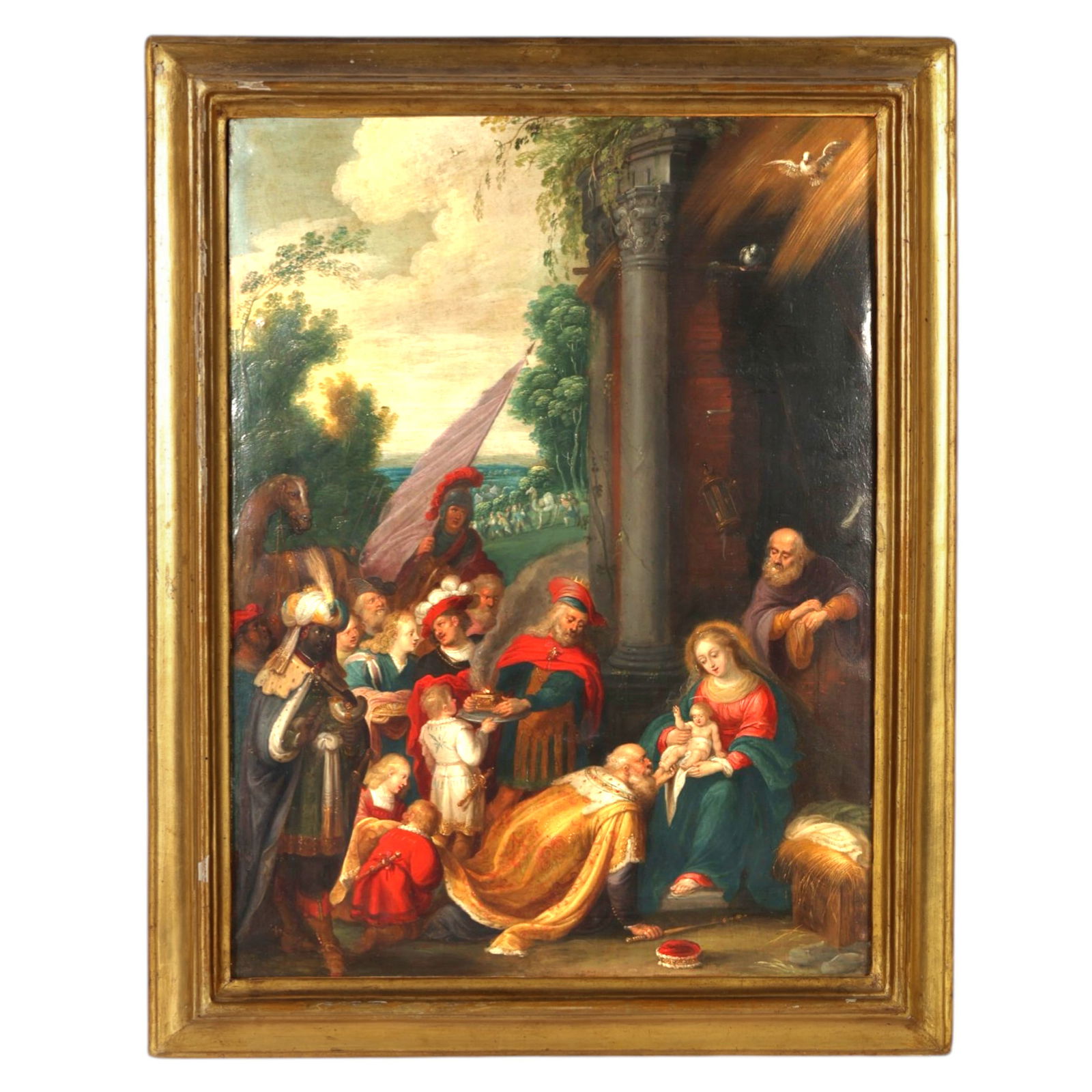 18th Century Adoration of the Magi Oil Painting: European 18th Century, an antique oil on panel painting depicting a Nativity scene with the Virgin Mary and the Christ Child receiving gifts from kneeling and standing kings, the composition populated