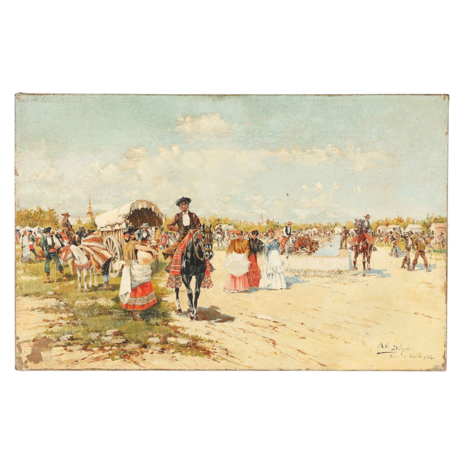 Mariano Obiols Delgado 1860-1911 Festival Painting: Mariano Obiols Delgado (Spanish, 1860-1911), an antique oil on canvas depicting a lively festival scene with a costumed crowd gathered around a long watering trough, animated by oxen drawn carts, moun