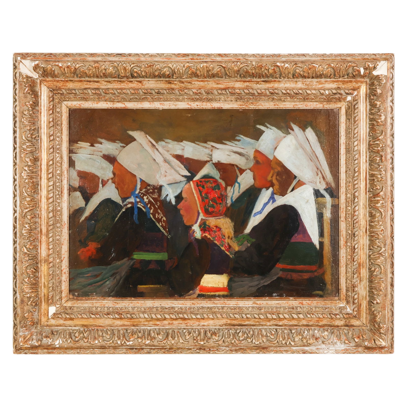 Charles Cottet 1863-1925 Breton Woman Painting: Charles Cottet (French, 1863-1925), an antique oil on panel depicting a solemn procession of Breton schoolgirls rendered in profile, each dressed in traditional regional attire with uniform white coif