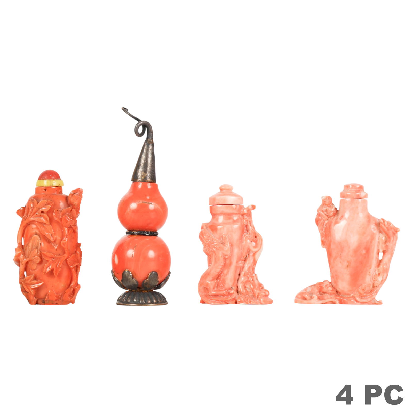 Chinese Carved Salmon Coral Snuff Bottles 4pc LOT (1 of 6)