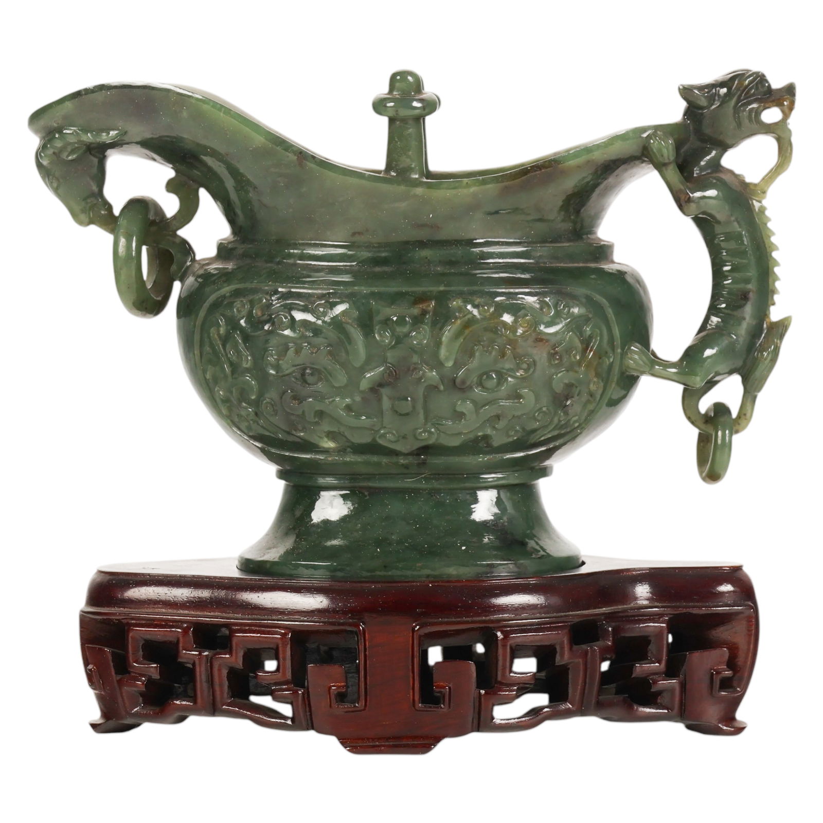 Chinese Spinach Jade Dragon Handle Libation Vessel (1 of 7)