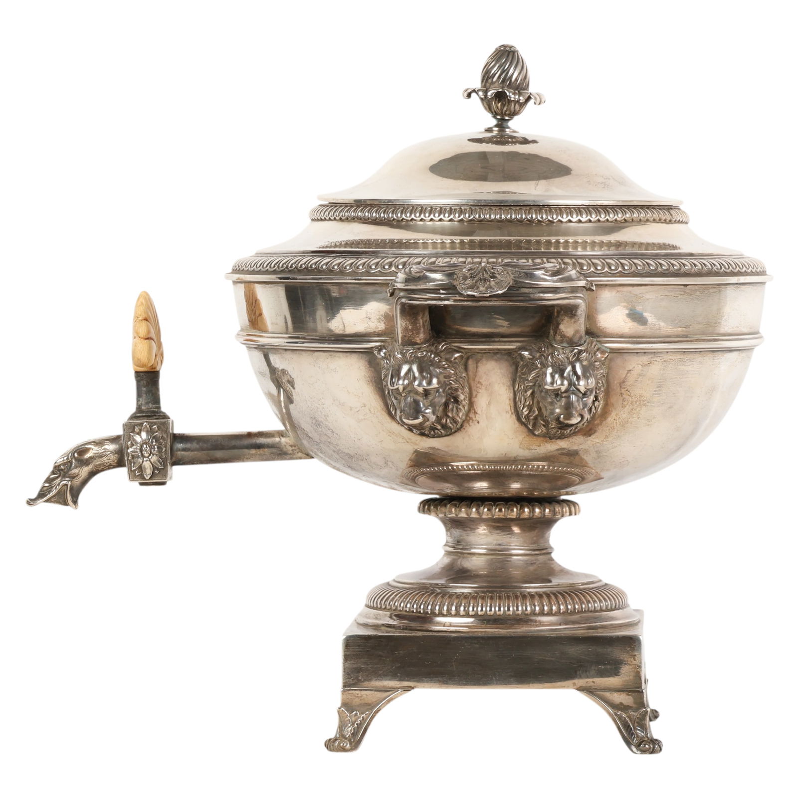 Paul Storr Sterling Silver Georgian Tea Urn 5,220g: Paul Storr, an antique English Georgian silver tea tureen shaped decanter crafted in the Regency style, featuring a rounded body supported by a square pedestal base and fitted with elegantly formed ha