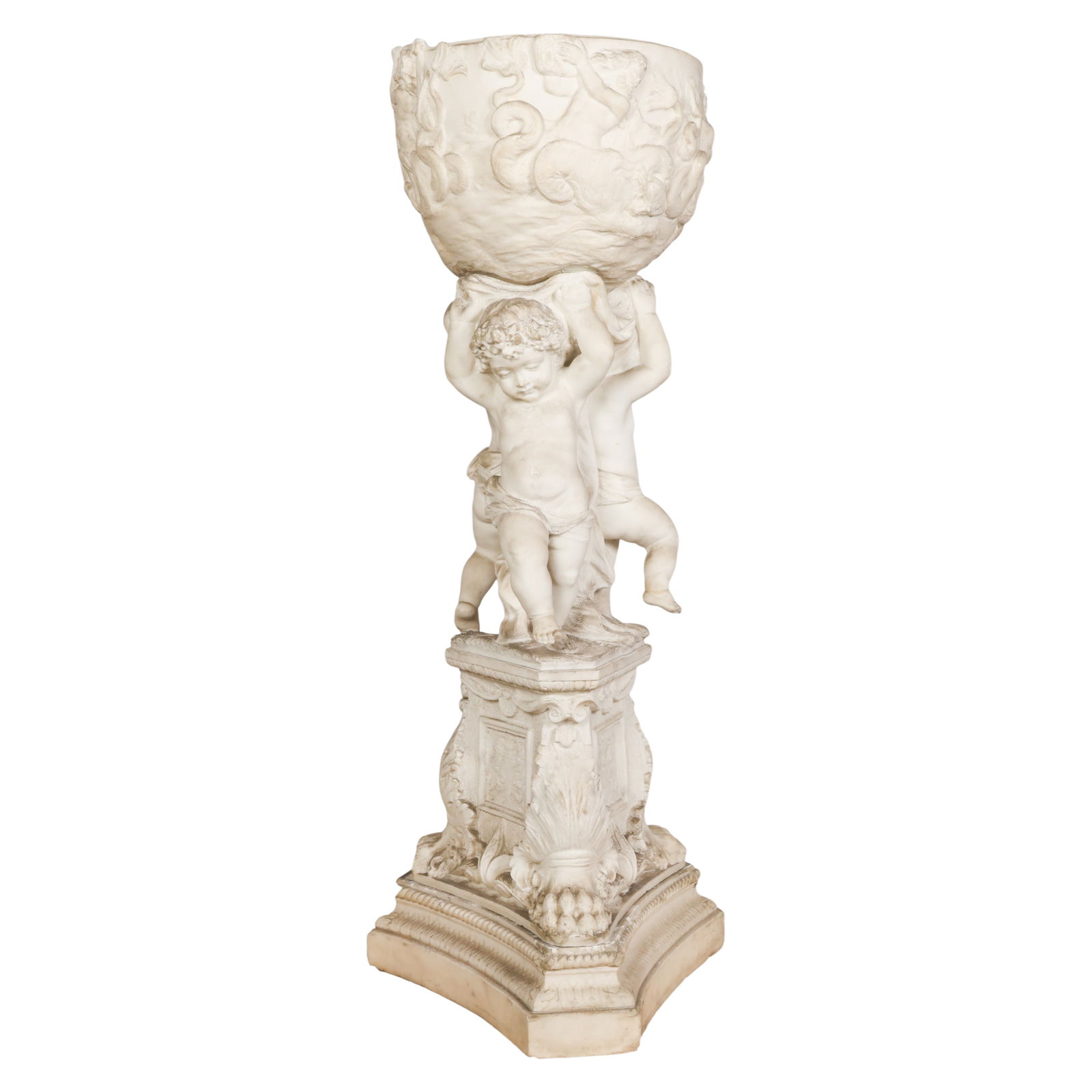 Petrili 1868-1900 Marble Cherub Garden Jardiniere: Aristide Petrilli (Italian, 1868-1900), an antique carved white marble garden jardiniere featuring a large bowl adorned with high relief Neoclassical decoration, supported by three classical cherub pu
