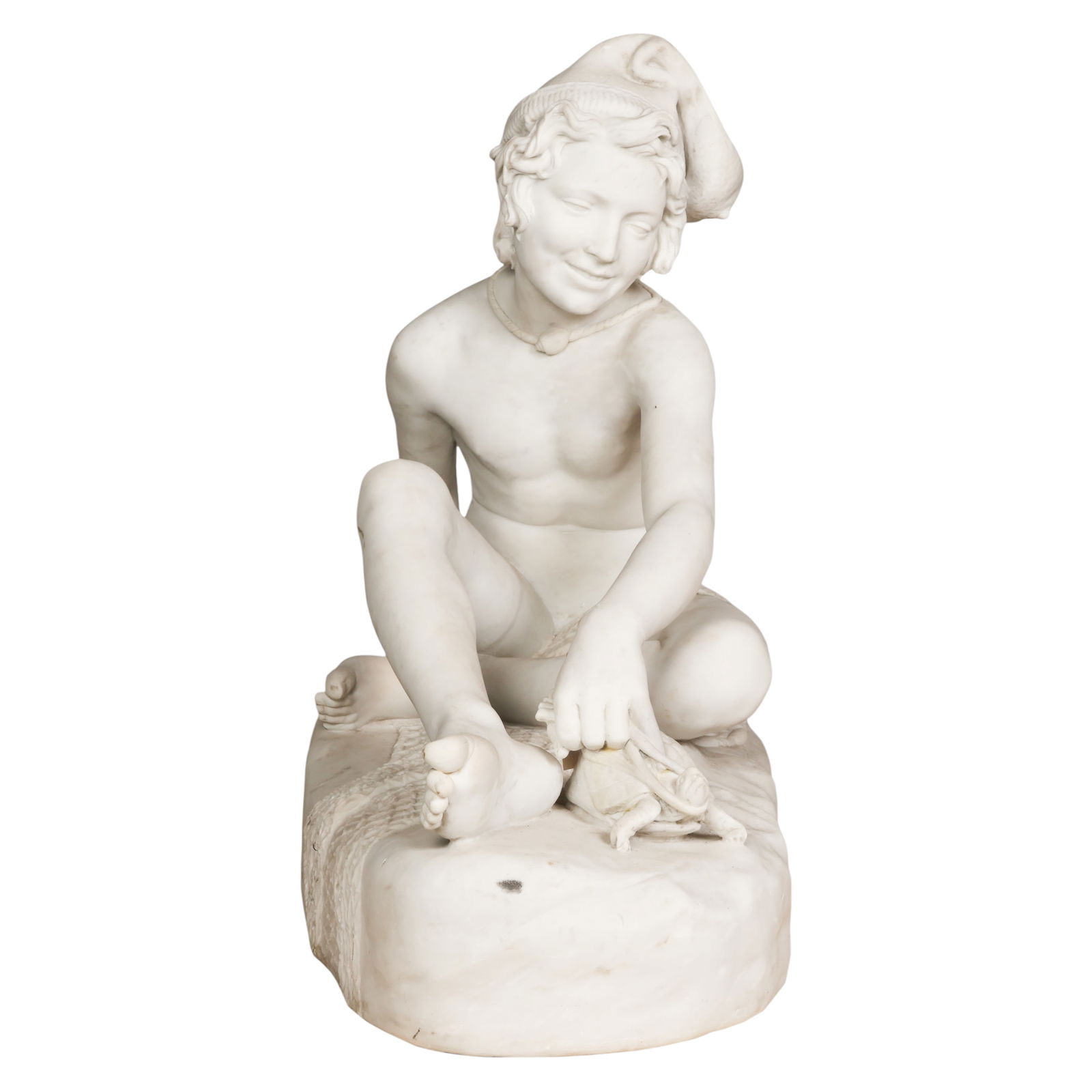 A Cipriani 1857-1930 Youth with Tortoise Sculpture: Adolfo Cipriani (Italian, 1857-1930), an Italian Neoclassical figural marble sculpture depicting a reclining youth with a tortoise, fully carved in the round and raised on an integral base. The youthf