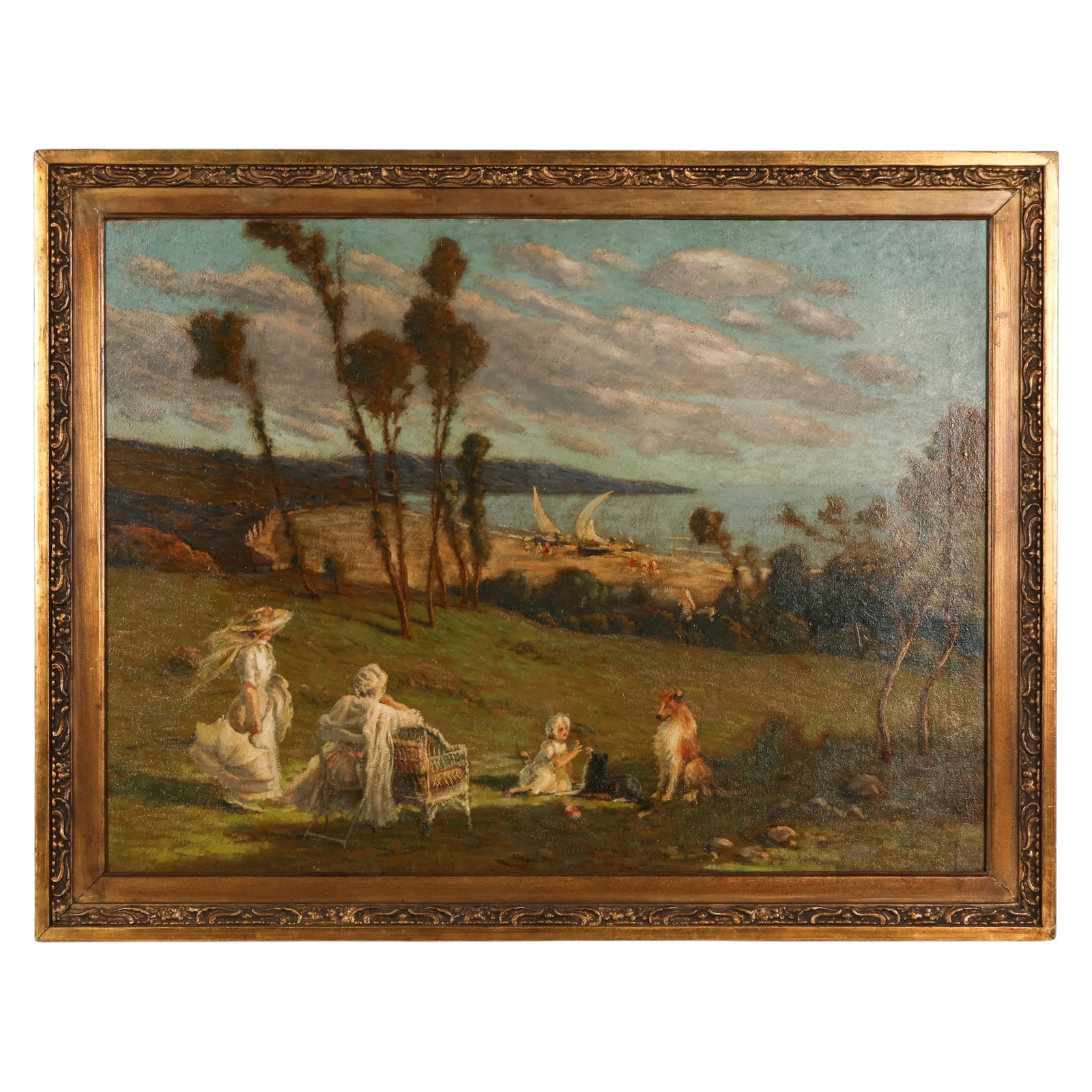 E.A. Pavil 1873-1948 Coastal Landscape Painting: Elie Anatole Pavil (French, 1873-1948), an oil on panel painting depicting a coastal landscape with three female figures and a child accompanied by two dogs in a grassy foreground overlooking a harbor