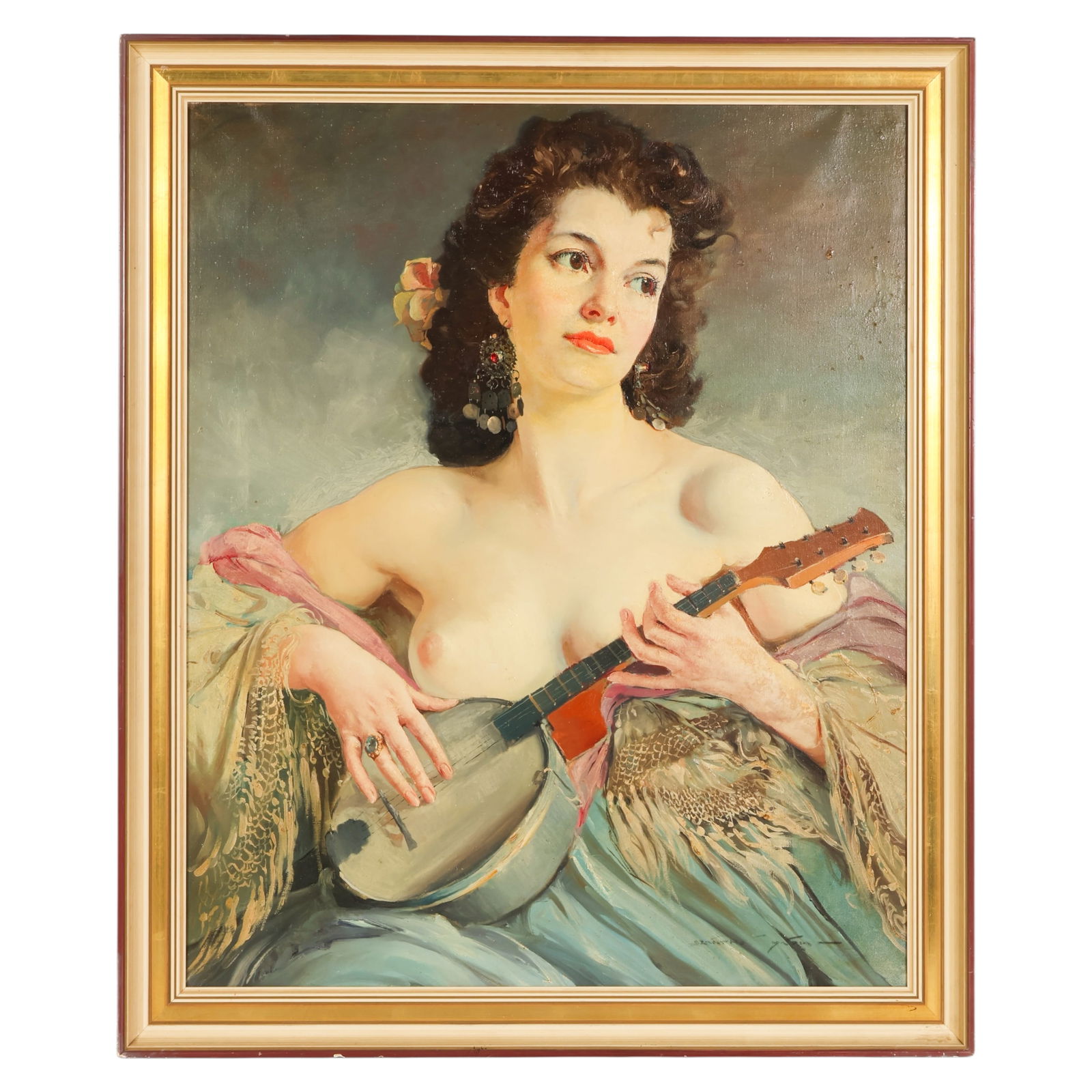 Maria Szantho 1897-1998 Girl w/ Mandolin Painting: Maria Szantho (Hungarian, 1897-1998), an oil on canvas portrait depicting a seated semi nude woman holding a mandolin, partially draped in a shawl adorned with floral embellishments and wearing oversi