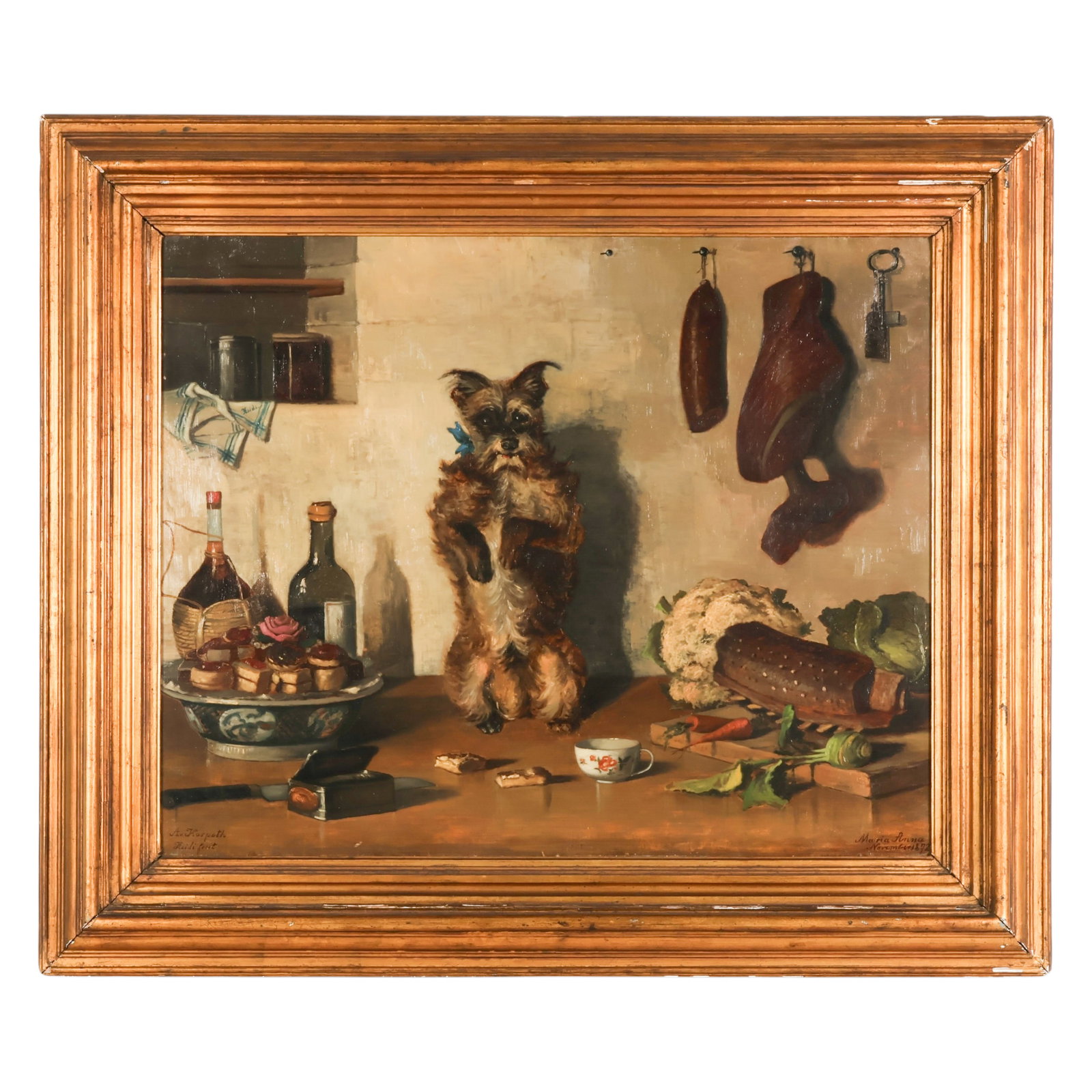 Marie Anna Von Anhalt 1837-1906 Interior Painting: Marie Anna Von Anhalt (German, 1837-1906), an antique oil on canvas still life depicting a detailed kitchen interior centered by a small terrier standing upright on its hind legs. The richly arranged