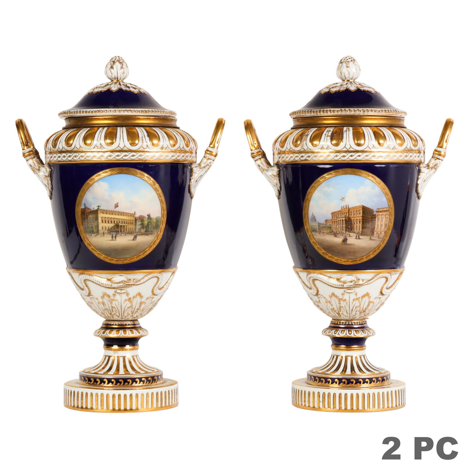 KPM 19C. Blue Ground Topographical Porcelain Urns (1 of 6)