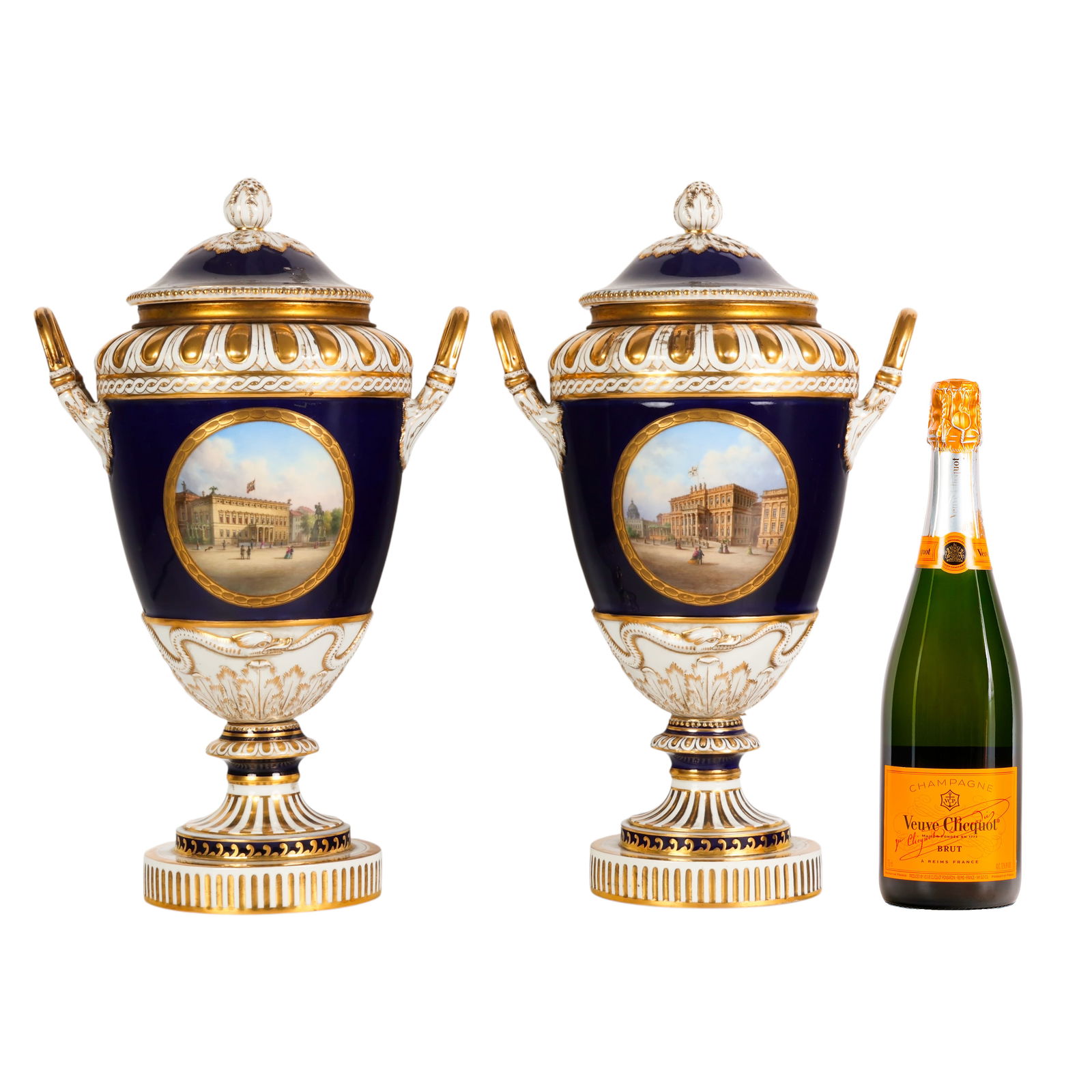 KPM 19C. Blue Ground Topographical Porcelain Urns - 2