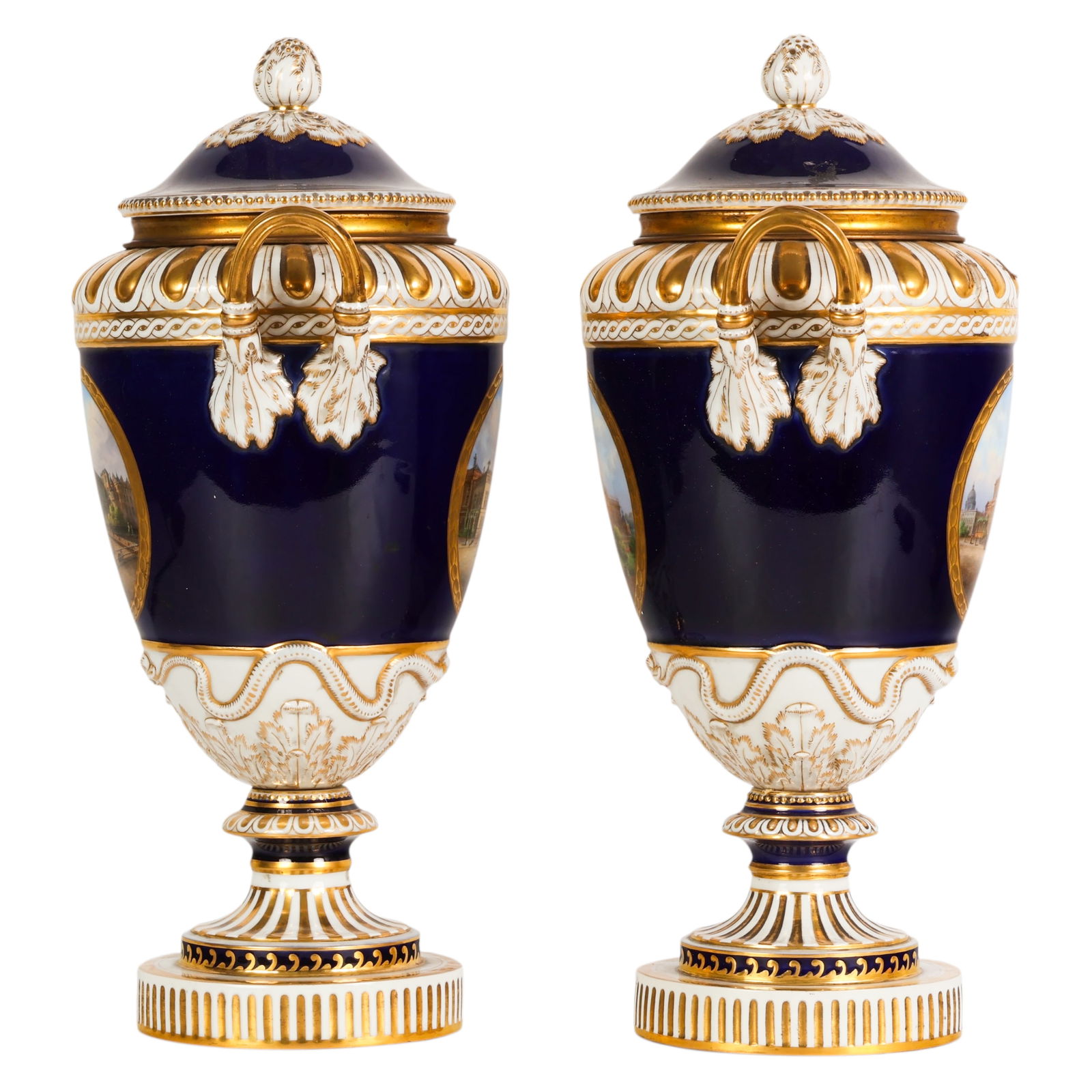 KPM 19C. Blue Ground Topographical Porcelain Urns - 3