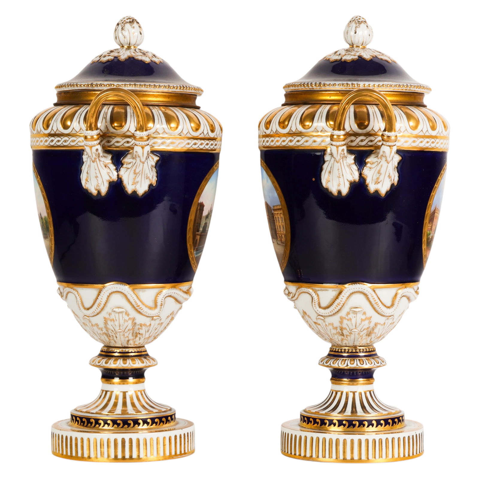 KPM 19C. Blue Ground Topographical Porcelain Urns - 4