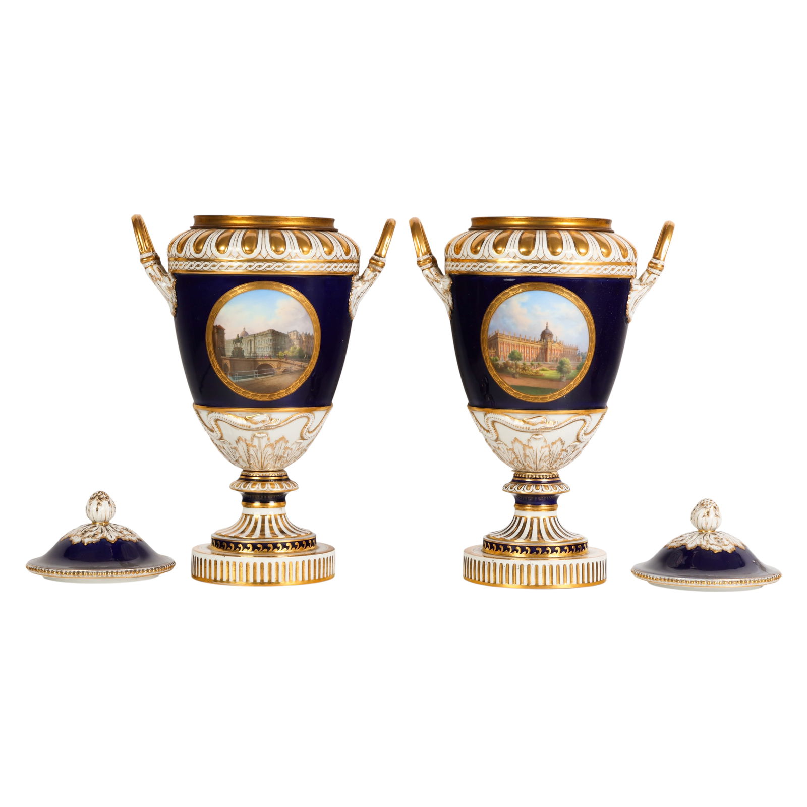 KPM 19C. Blue Ground Topographical Porcelain Urns - 5
