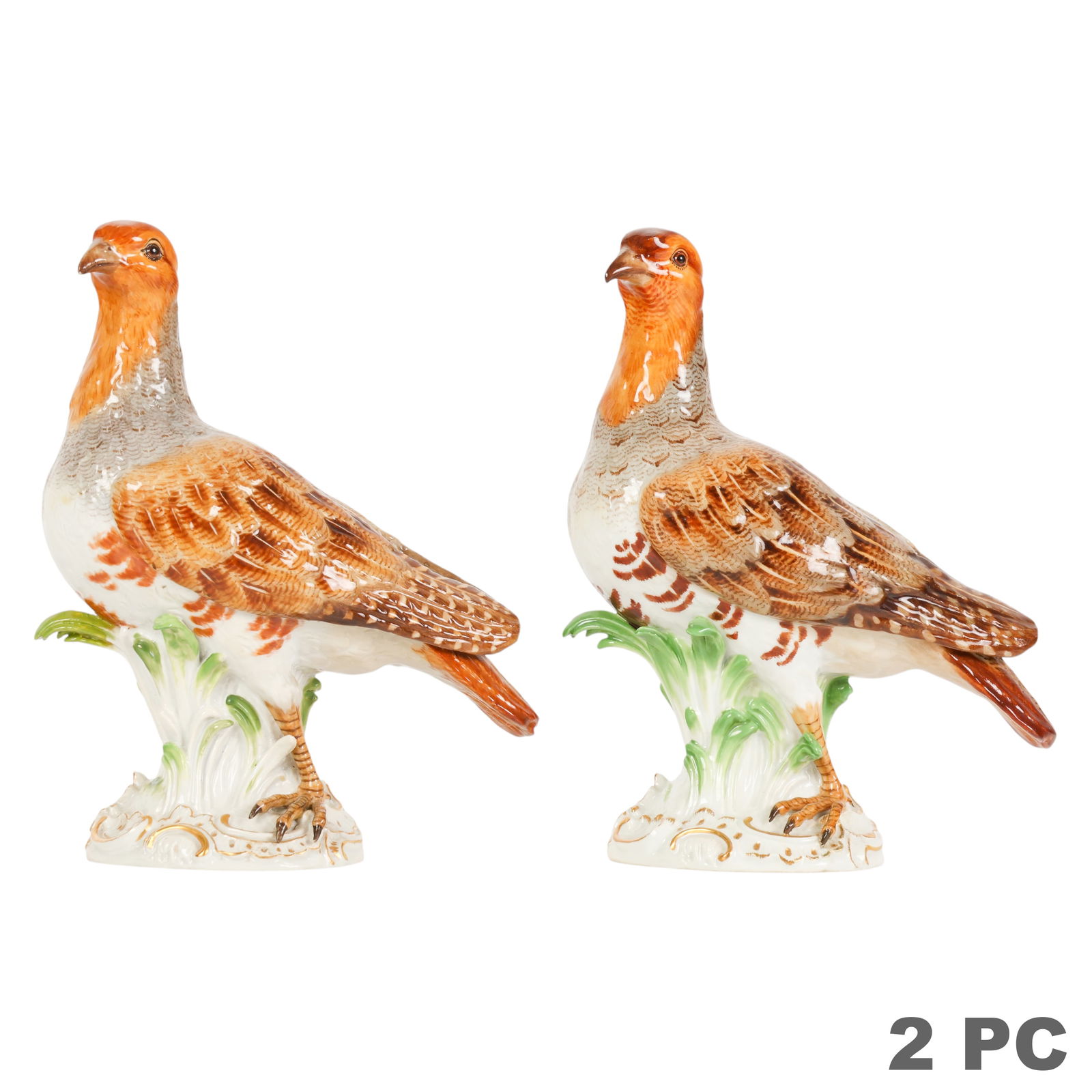 18th Century Meissen Pair Porcelain Dove Figures: Meissen porcelain Johann Joachim Kandler, a pair of 18th century dove figures naturalistically modeled and painted in soft shades of brown and grey, each perched among reeds and applied green leaves o