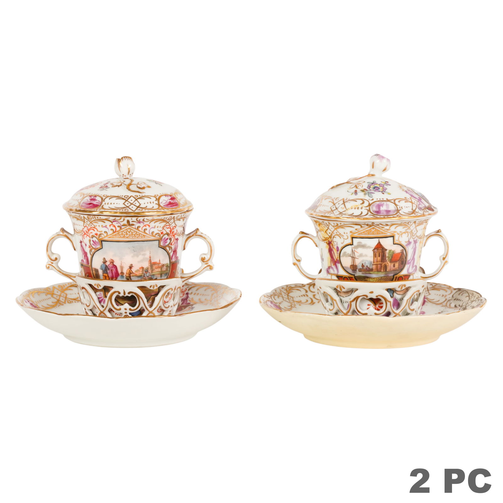 Antique German Meissen Style Cups and Saucers LOT: Meissen 18th Century , an antique near matched pair of porcelain lidded cups and saucers with reticulated holders decorated with hand painted figural scenes, floral motifs, and gilt accents. Each cup