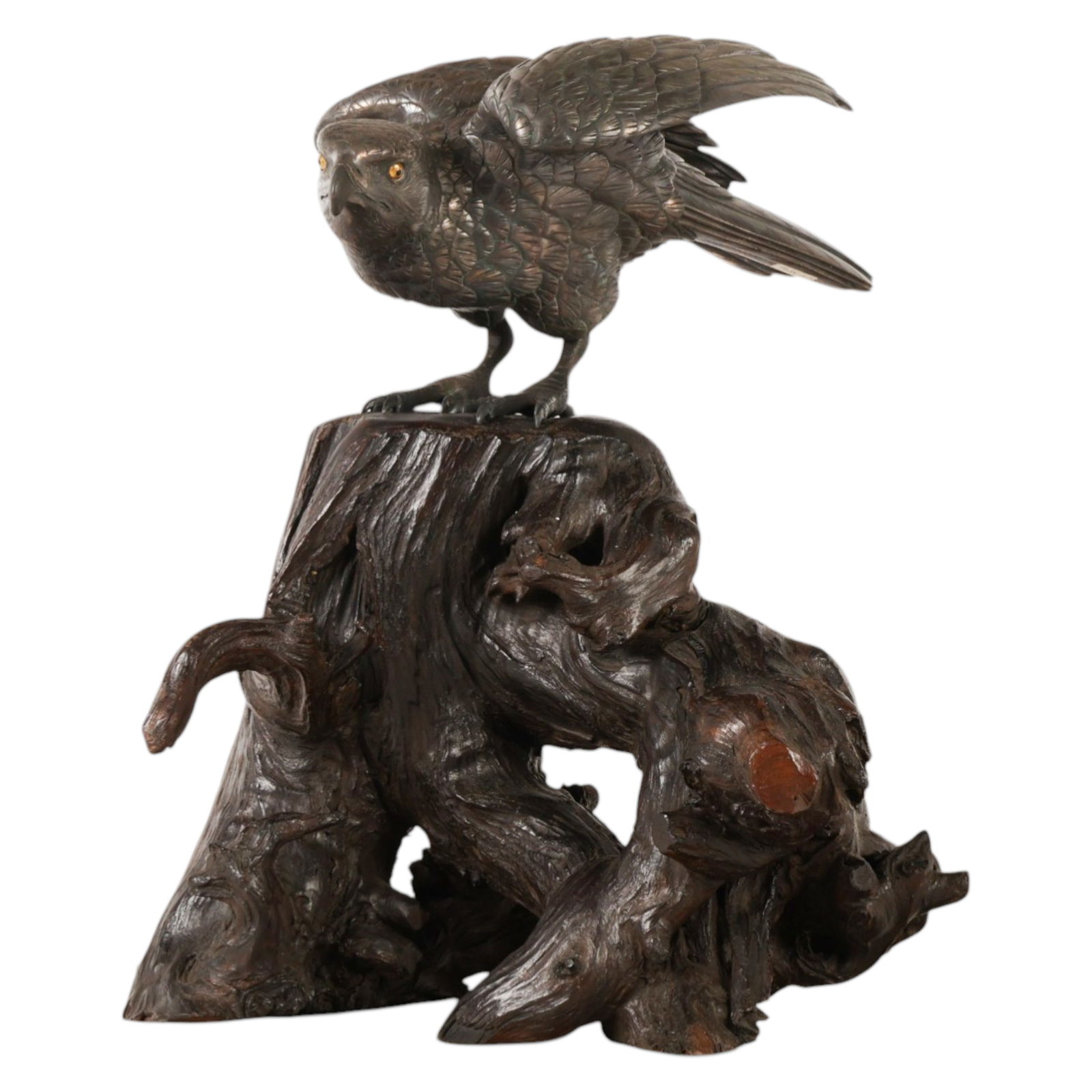 Japanese Silvered Hawk on Wooden Tree Sculpture (1 of 7)