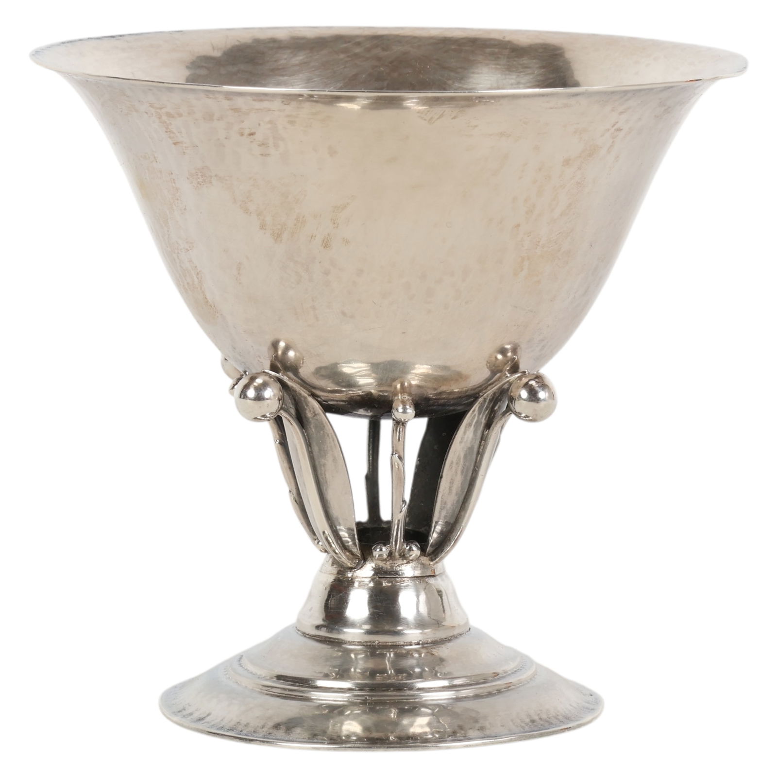 Georg Jensen Bowl 17A Sterling Silver Cup 200g.: Georg Jensen, a sterling silver bowl in design number 17A featuring an elegant Art Nouveau style foliate stem adorned with delicate beaded accents, supporting a wide flared rim above a circular foot.