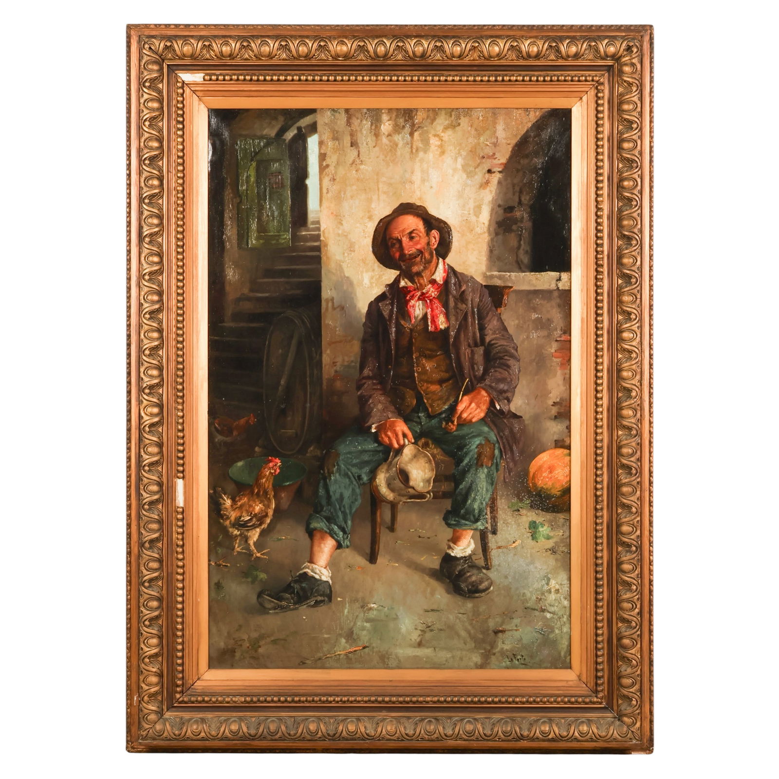 19th C Rustic Barnyard Genre Scene Oil Painting: Antique oil on canvas depicting a seated rustic male figure holding a pipe and hat within a barnyard style rural architectural setting. The subject is dressed in patched garments and worn shoes, conve