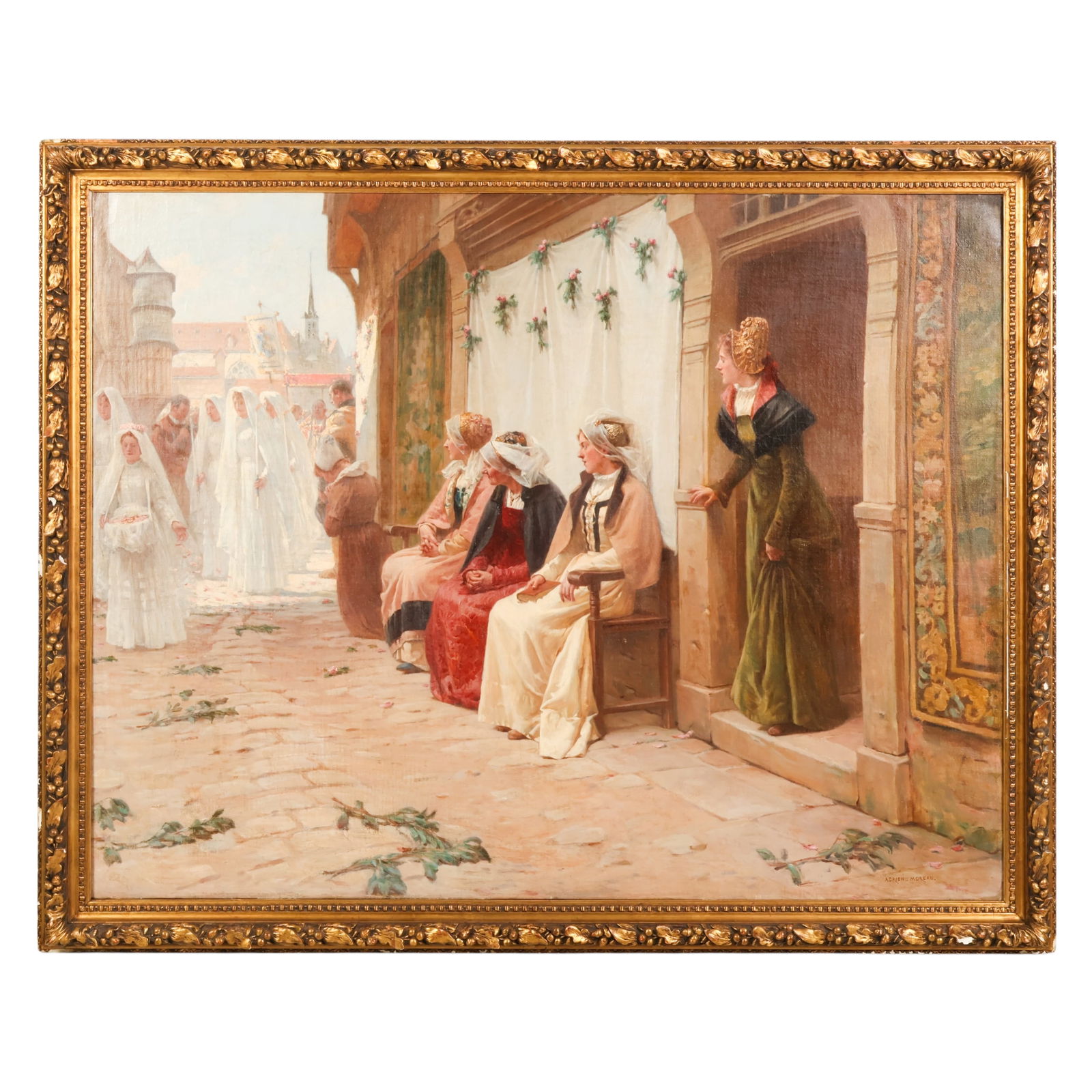Adrien Moreau 1843-1906 Communion Parade Painting: Adrien Moreau (French, 1843-1906), A Convocation Procession, an oil on canvas depicting a group of veiled women in Eucharistic style ceremonial dress proceeding along a cobbled street, observed by sea
