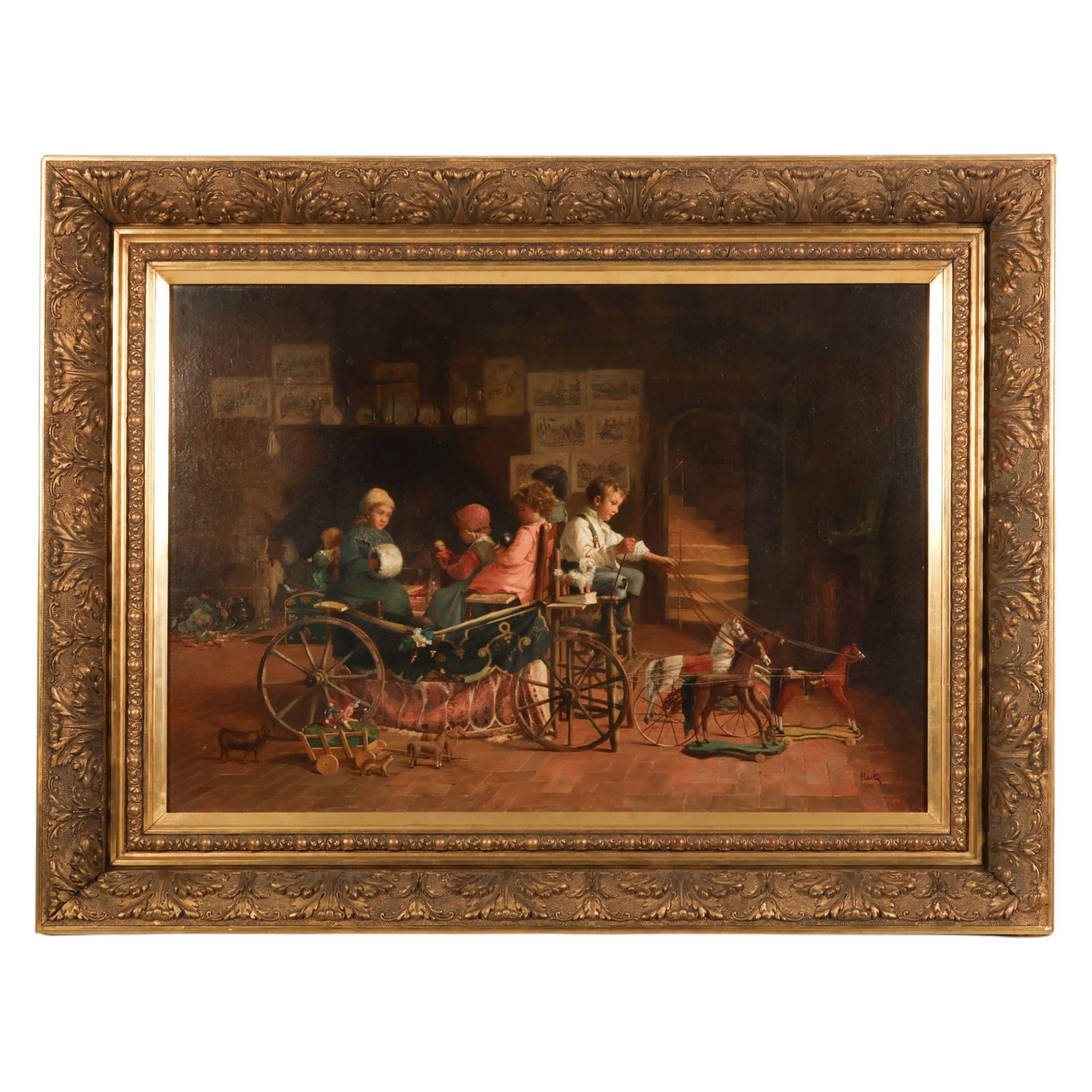 Jean Paul Haag 1854-1906 Children at Play Painting: Jean-Paul Haag (French, 1854-1906), La Recreation, an oil on canvas interior scene depicting a group of children at leisure gathered upon a carriage with toys scattered around them. The composition ca