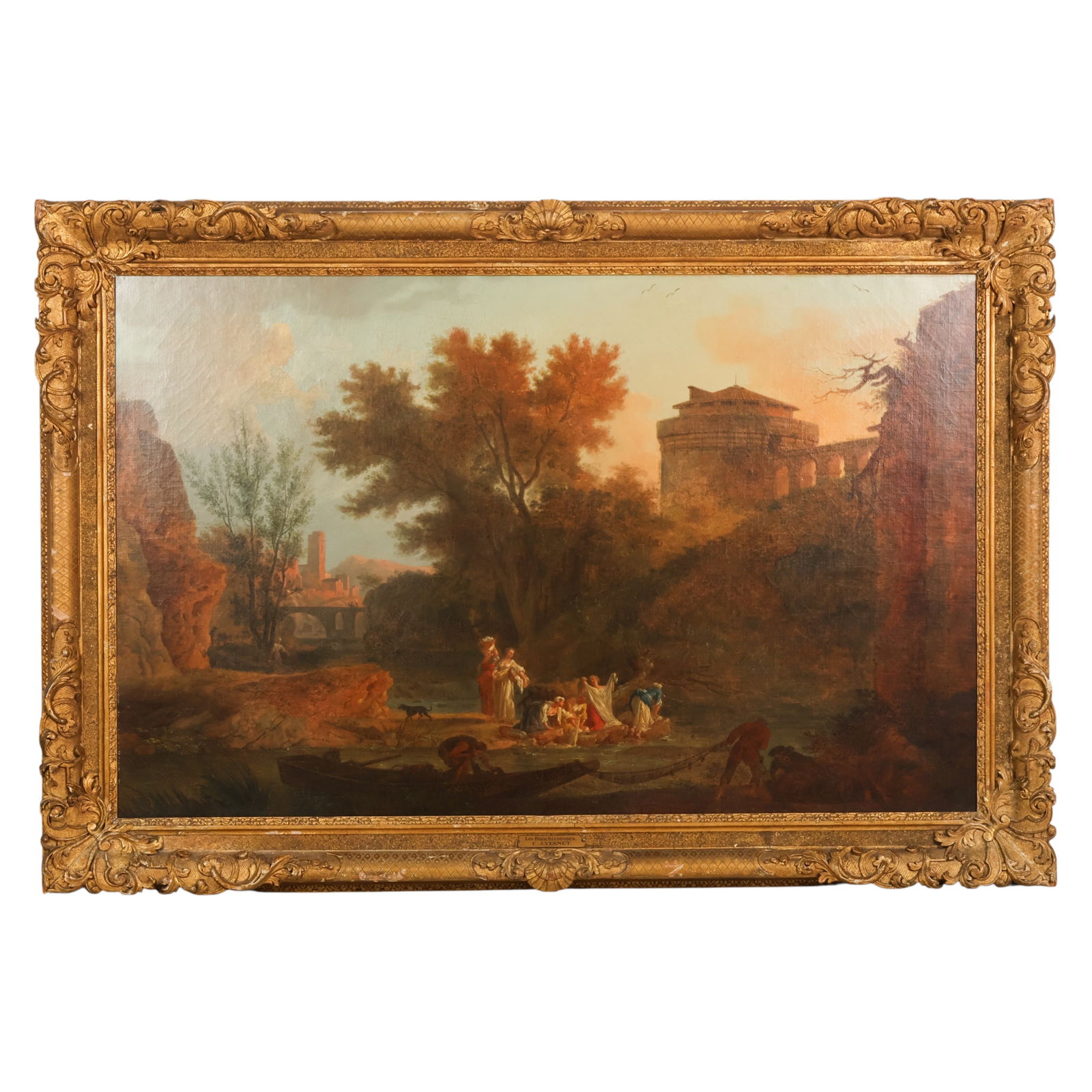 Claude-Joseph Vernet 1714-1789 Landscape Painting: Claude-Joseph Vernet (French 1714-1789), The Washerwomen (Les Blanchisseuses), antique oil on canvas depicting a river scene with washerwomen and additional figures gathered along the waters edge with
