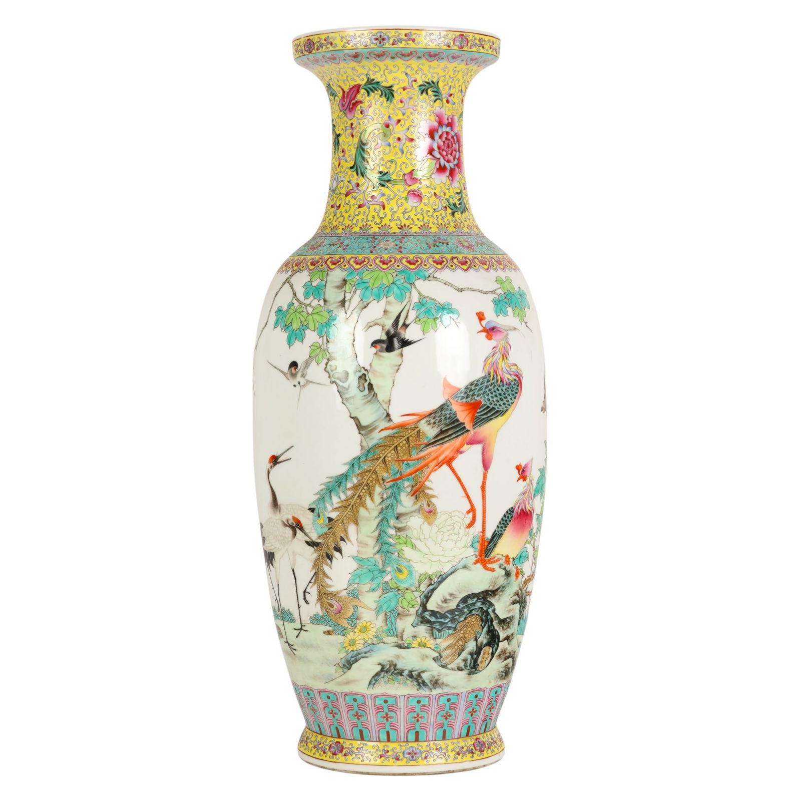 Chinese Famille Rose Red Crowned Crane Vase SIGNED: Chinese, a Famille Rose porcelain vase featuring finely painted scenes of red crowned cranes and phoenix birds among flowering branches, symbolic of longevity, harmony, and prosperity. The vibrant ena