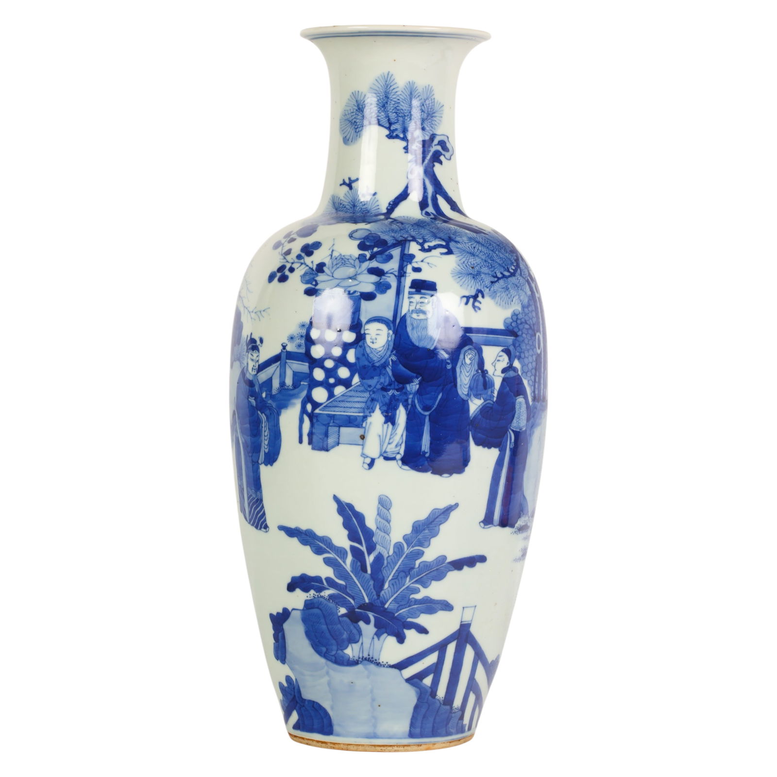 Chinese Kangxi Blue White Porcelain Landscape Vase: Chinese Kangxi, an early blue and white porcelain vase featuring a continuous landscape and figural scene depicting scholars gathered beneath a pine tree within a naturalistic setting. The rounded bod