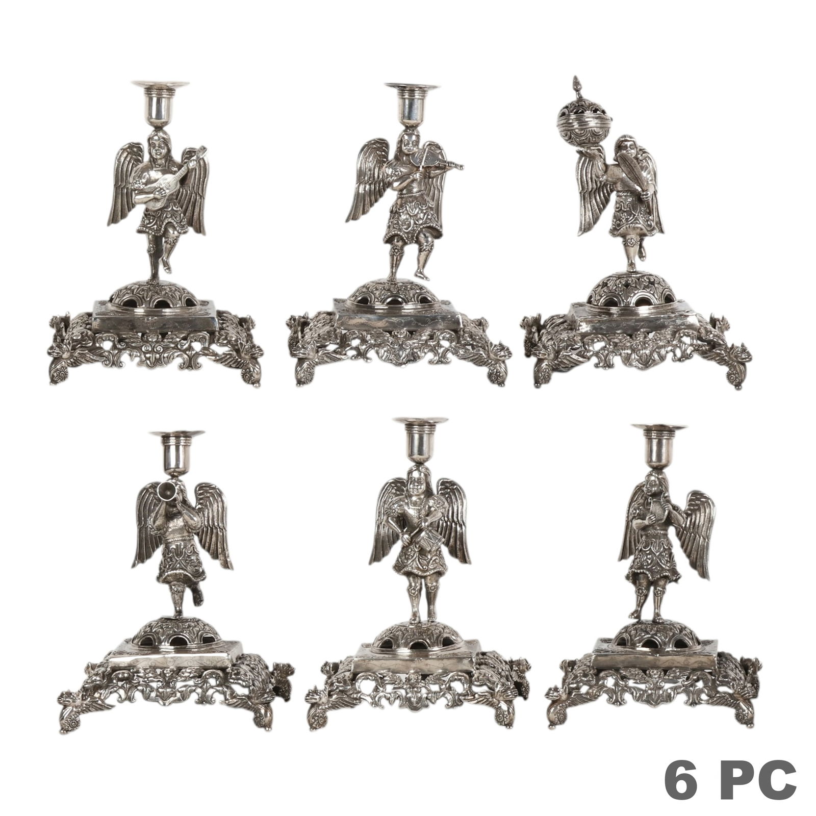 Set of 6 Colonial Silver Angel Candlestick 8,395g: Spanish Colonial 18th Century, a set of six silver figural candlesticks modeled as standing winged angels upon ornate square bases. Each angel is depicted holding a musical instrument, rendered with d