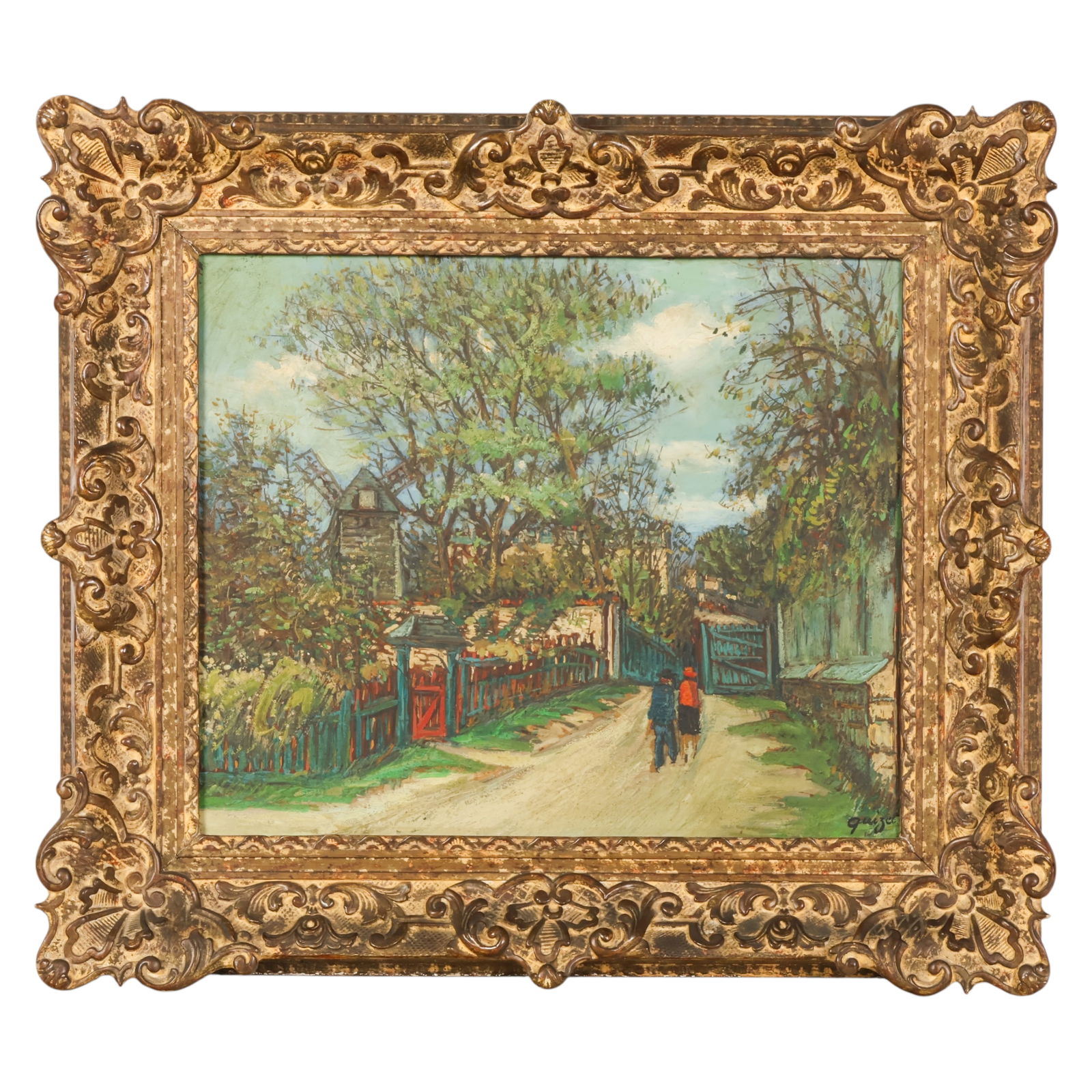 Leon Alphonse Quizet 1885-1955 Landscape Painting: Leon-Alphonse Quizet (French, 1885-1955), an antique oil on masonite board depicting a lively street scene with figures walking along a path bordered by fenced buildings and trees, with a windmill vis