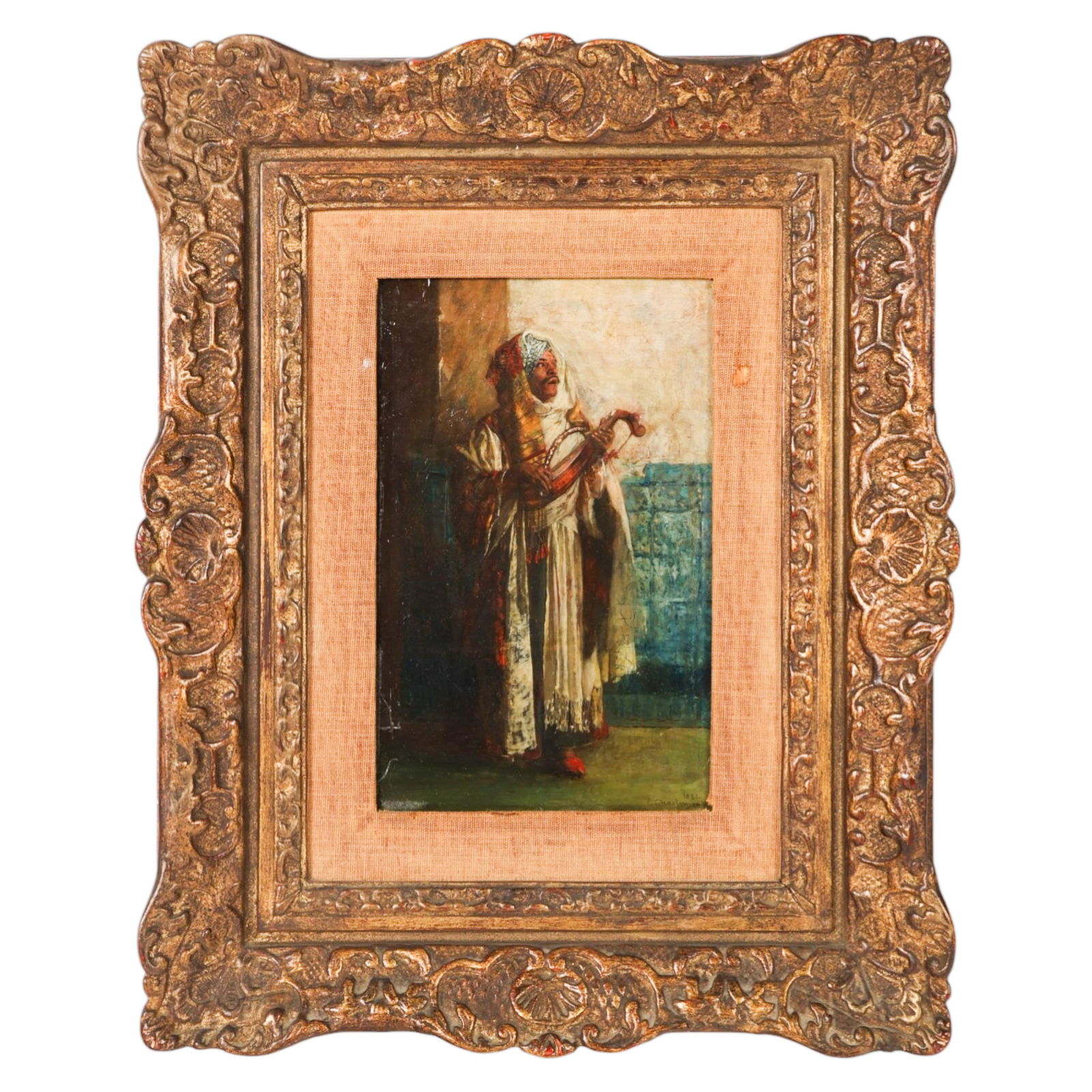 Eduard Charlemont 1848-1906 Orientalist Painting: Eduard Charlemont (Austrian 1848-1906), antique oil painting on board depicting a standing male figure in traditional North African or Middle Eastern attire holding a stringed instrument. Signed and d