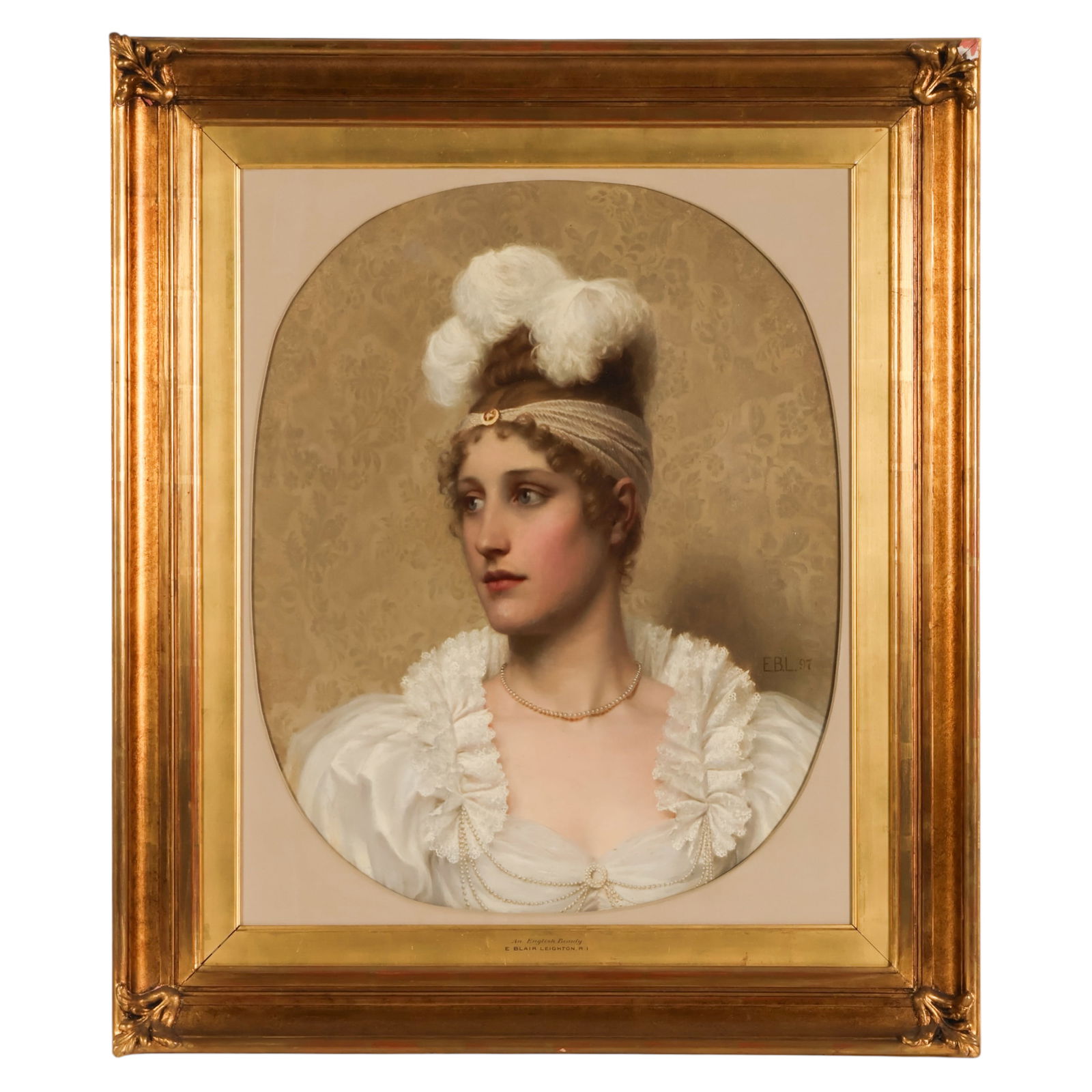 E Blair Leighton 1853-1922 English Beauty Painting: E. Blair Leighton (British 1853-1922), An English Beauty, 1897, oil on canvas depicting an elegant young woman in three quarter profile wearing a white lace trimmed gown adorned with pearls within an