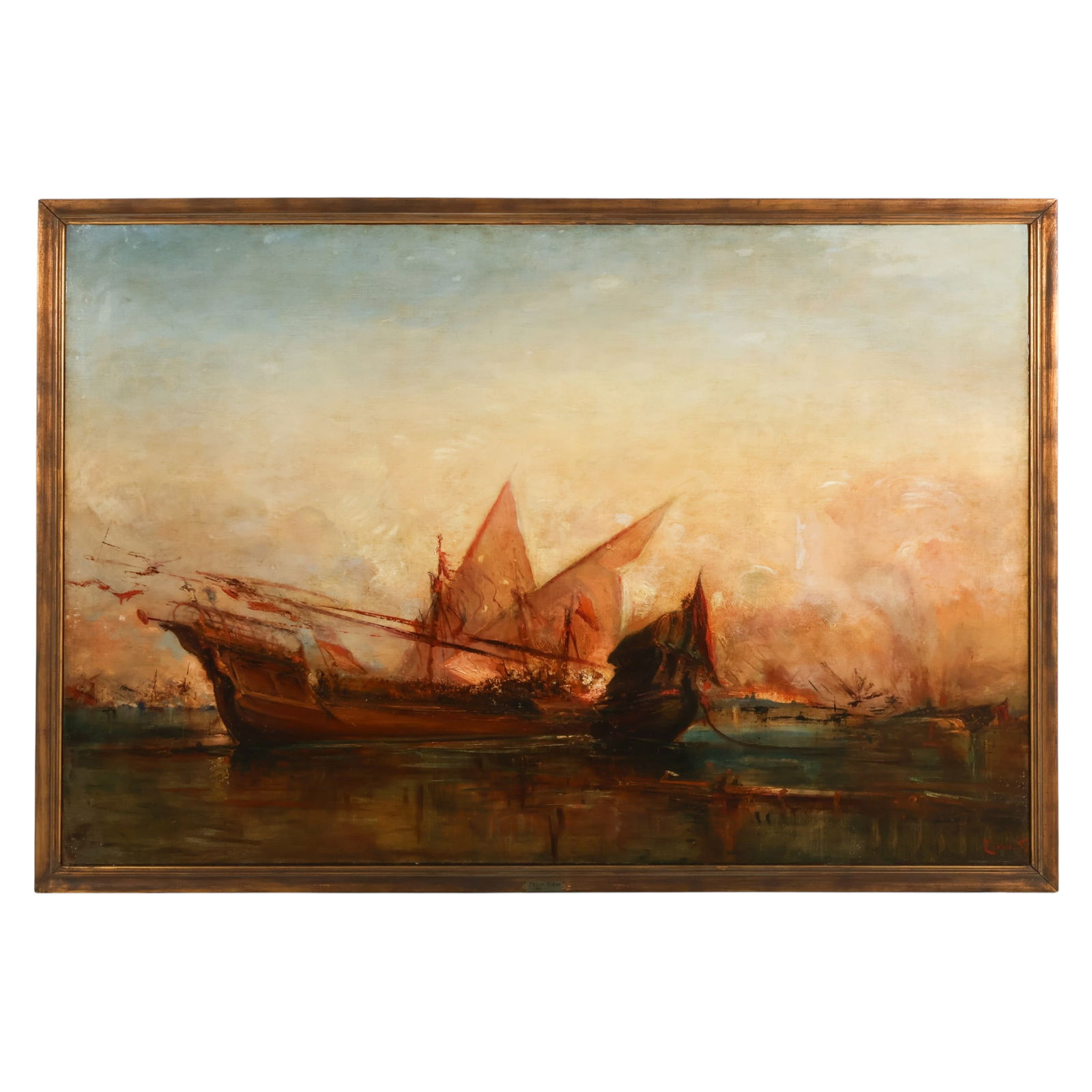 Felix Ziem 1821-1911 Sailing Vessel Scene Painting: Felix Ziem (French 1821-1911), oil on canvas depicting a seascape with sailing vessels at sea during a sunset rendered in warm golden and amber tones with a softly atmospheric sky and calm reflective