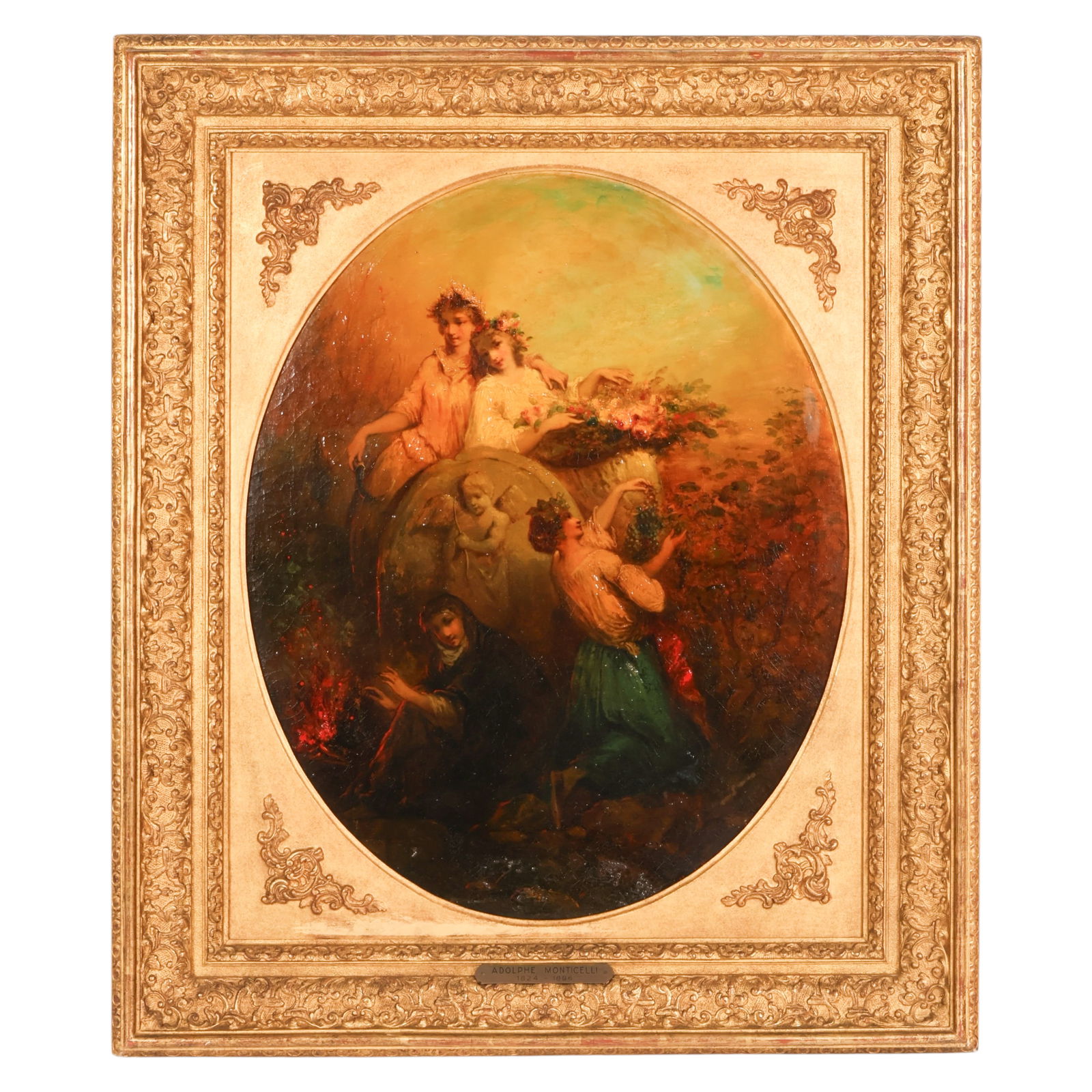 Adolphe Monticelli 1824-1886 Four Seasons Painting: Adolphe Monticelli (French 1824-1886), Les quatre saisons, oil on canvas depicting an allegorical scene of youthful figures and cherubs in a pastoral landscape arranged around sculptural elements and