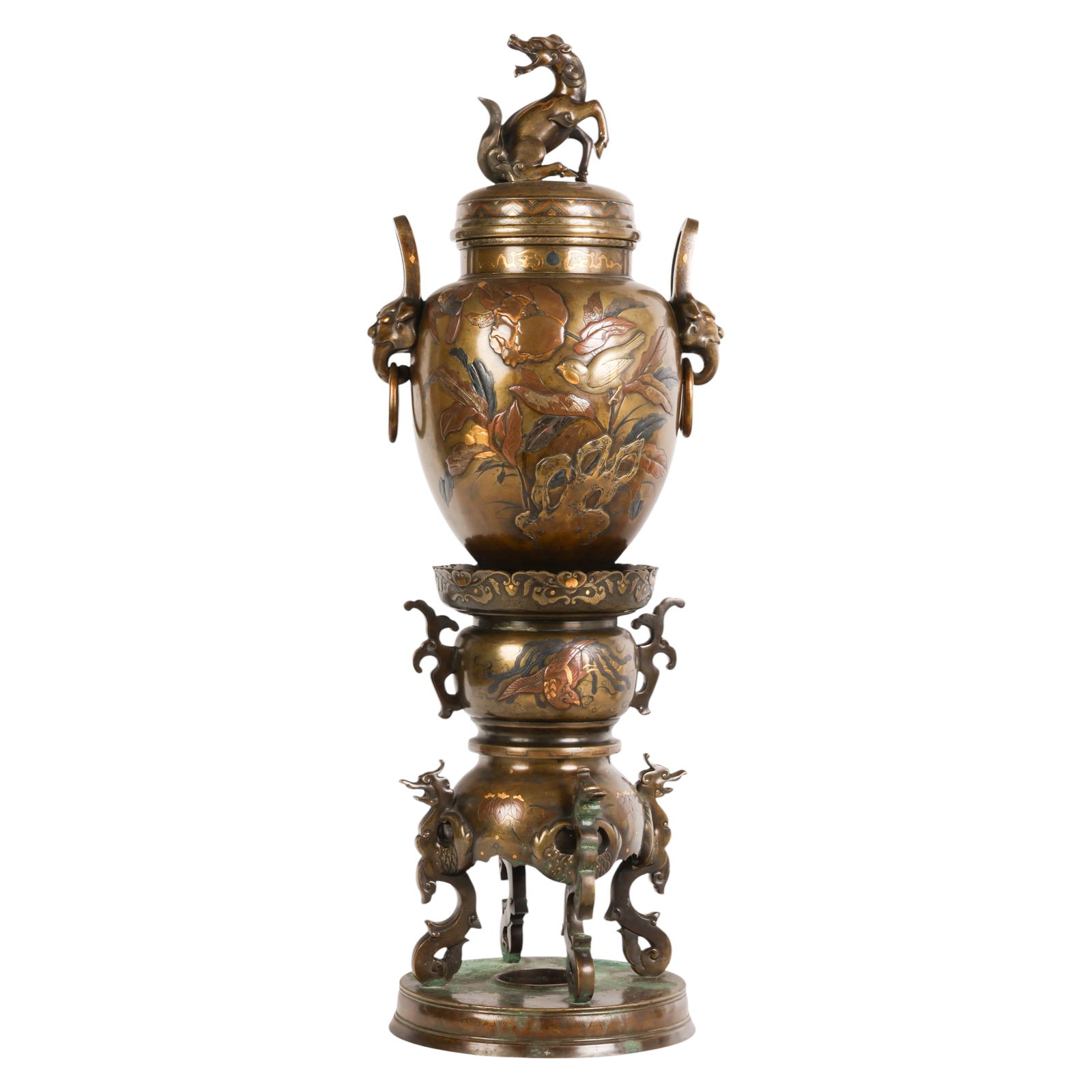 Japanese Meiji Bronze Mixed Metal Relief Censer: Japanese Meiji period, late 19th century, a finely crafted mixed metal bronze censer with cover richly decorated in iro e hirazogan and takazogan inlay techniques. The globular body is intricately ado