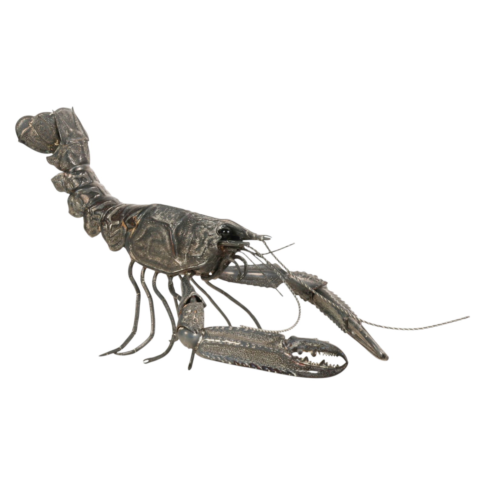 Spanish Silver Articulated Lobster Figurine 120g.: Spanish, a finely crafted silver figural crustacean depicting a lobster with articulated legs, claws, and extended antennae, rendered with detailed textured shell work that emphasizes the segmented bo