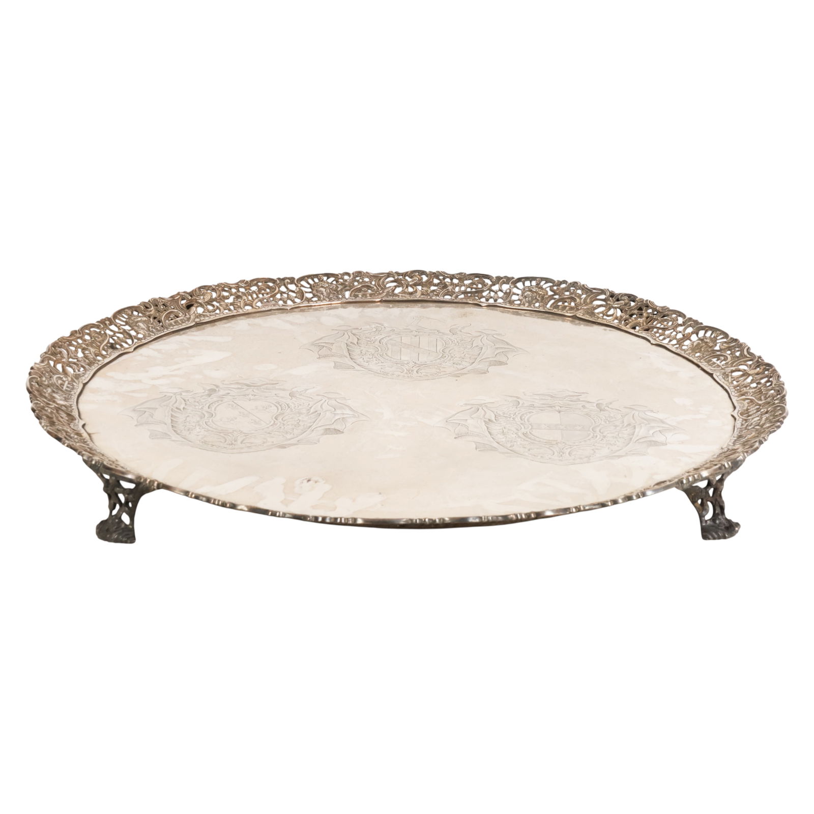 Robert Rew c1762 Georgian Chinese Chippendale Tray: Robert Rew, an antique Georgian sterling silver footed tray in the Chinese Chippendale style, hallmarked in London, circa 1762, featuring a finely reticulated rim with floral foliate and chinoiserie i