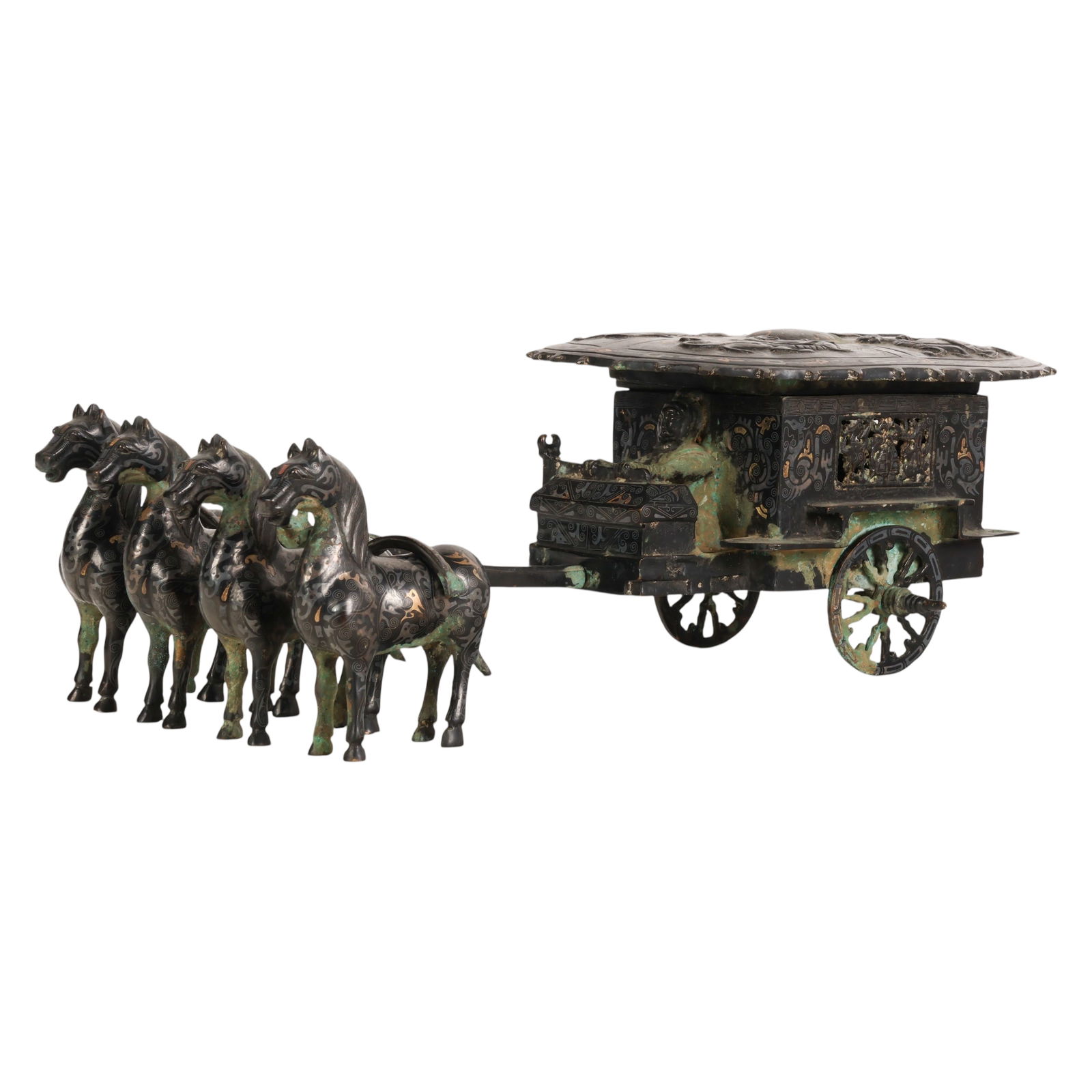 Chinese Bronze Gold Silver Inlay Horses & Carriage (1 of 6)