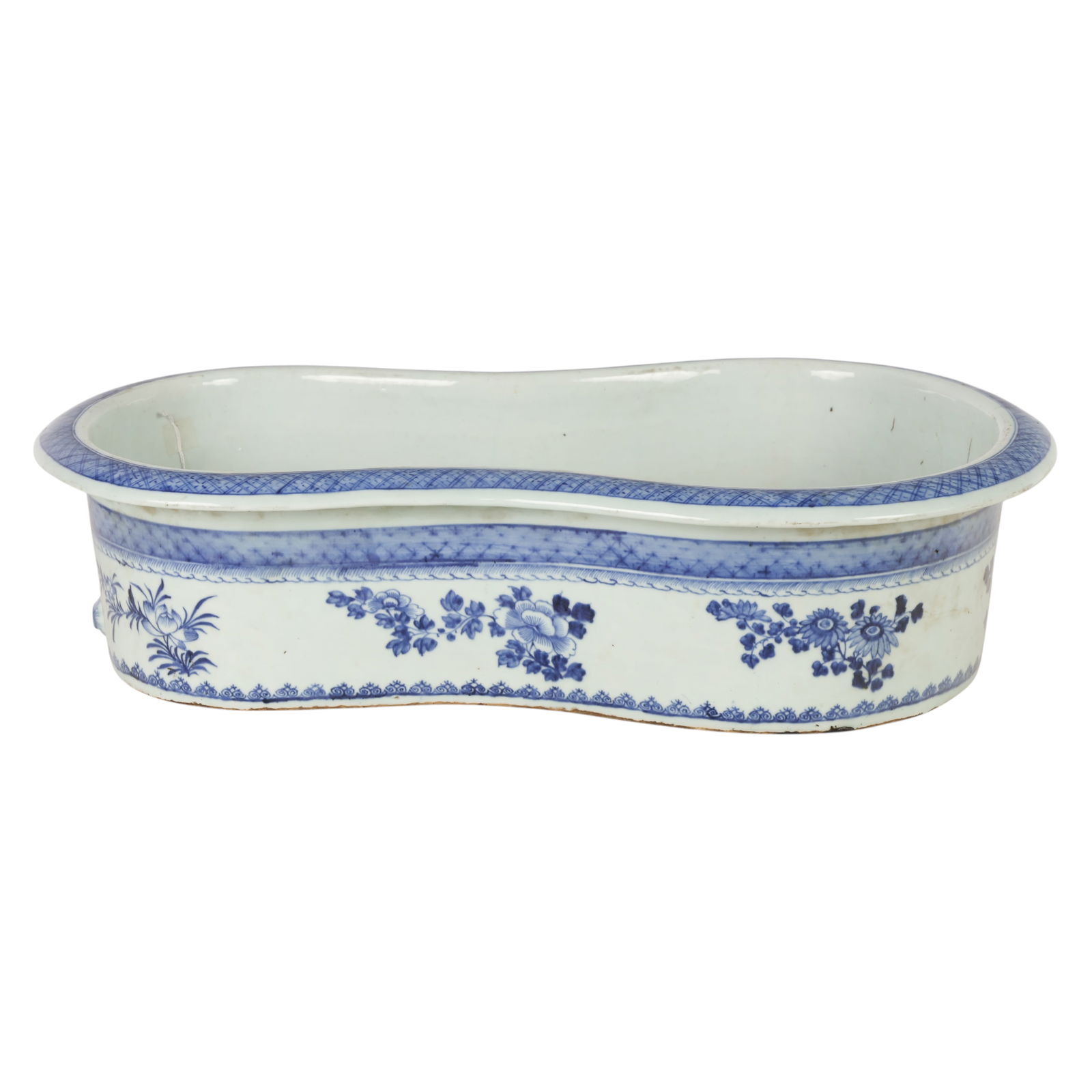 Chinese 18th C Porcelain Wood Base French Bidet: Chinese 18th Century blue and white Canton porcelain basin with landscape scene and patterned rim, set in a fitted wood tray base/lid. No visible maker marks. Vessel measures approximately 6 x 23.5 x