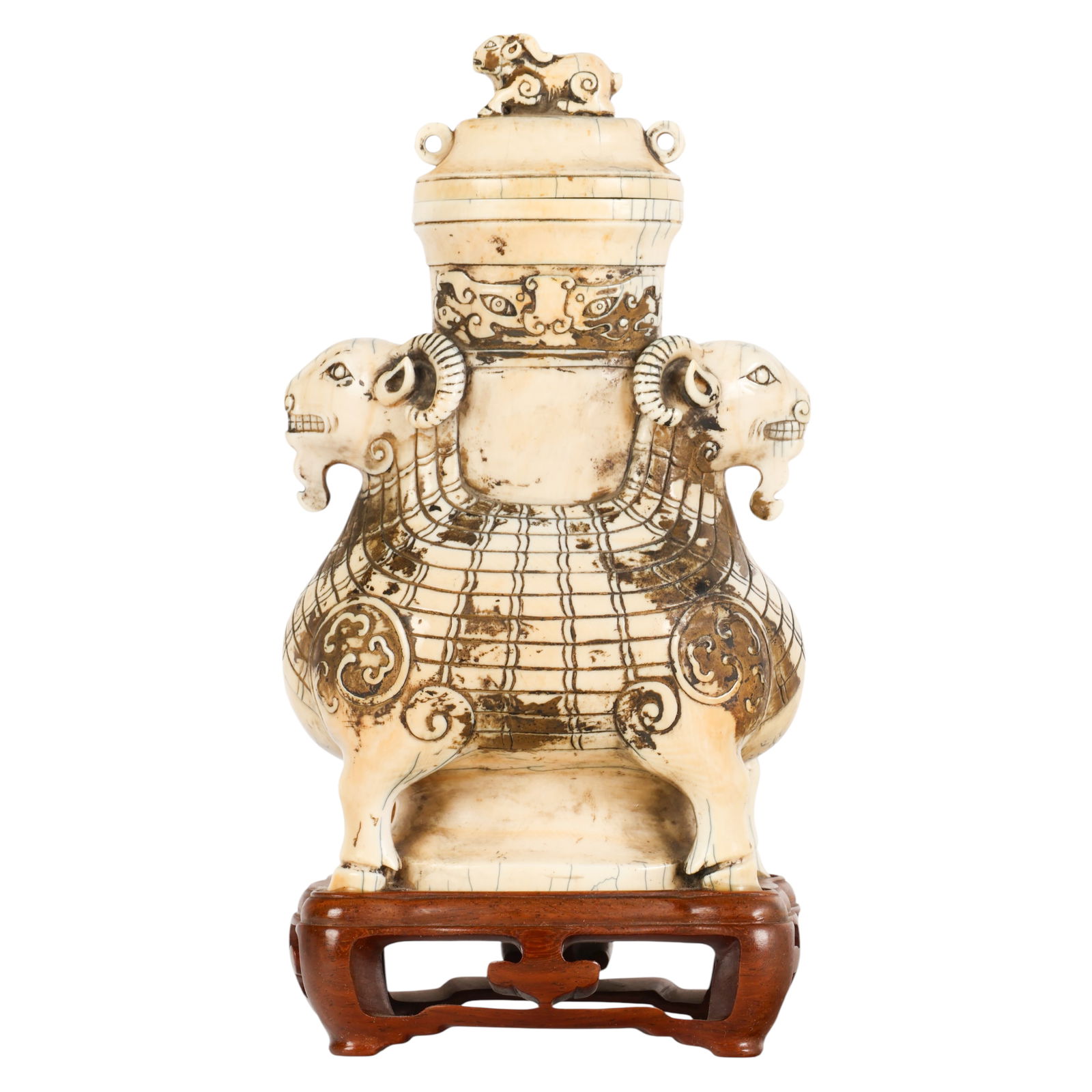 Chinese Carved Rams Head Covered Vessel on Stand (1 of 6)