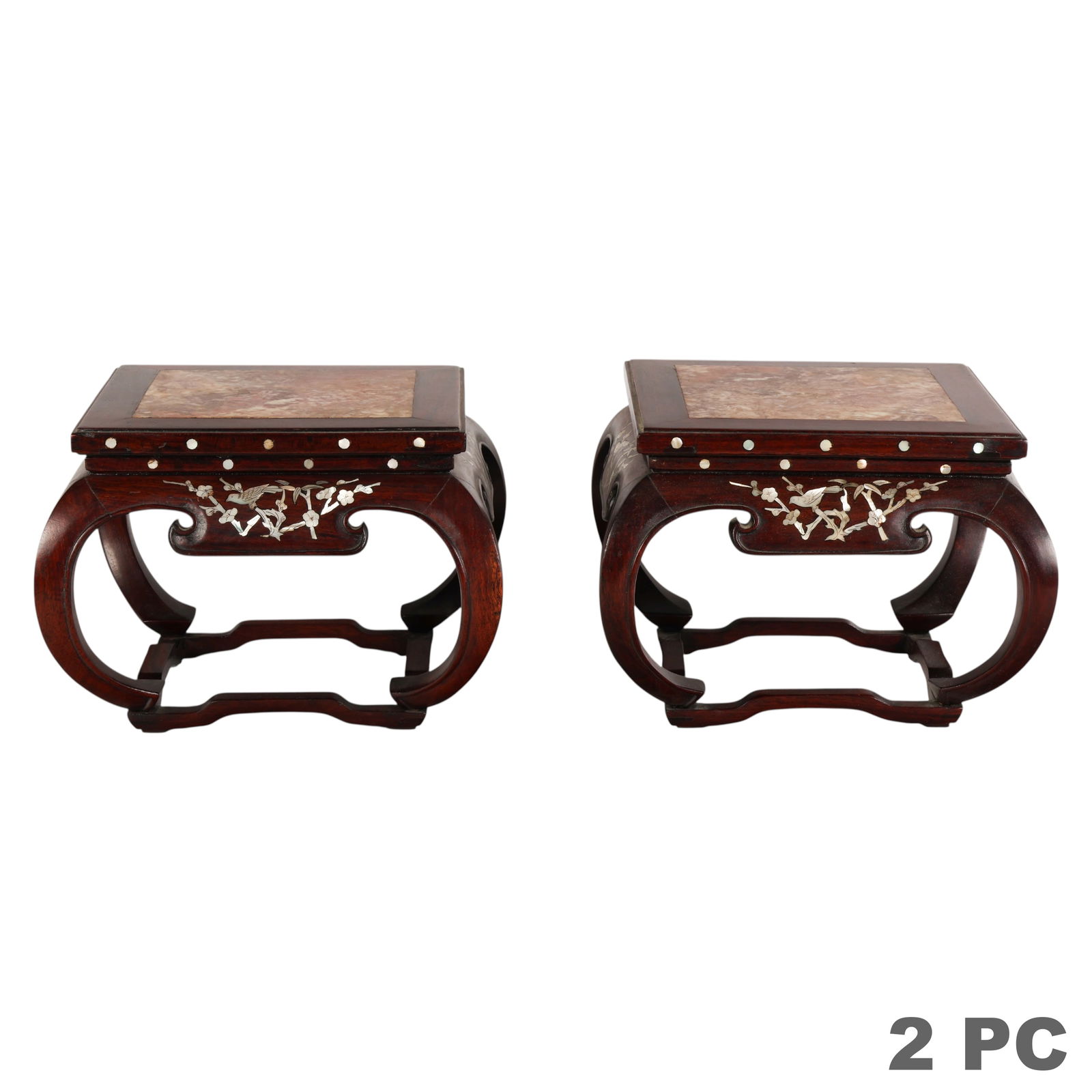 Chinese Pair of Hardwood and Marble Display Stands: Chinese, a pair of hardwood pedestal display stands each with a marble inset top and mother of pearl inlay depicting birds, flowers, and branches with additional inlay accents along the sides. The sta