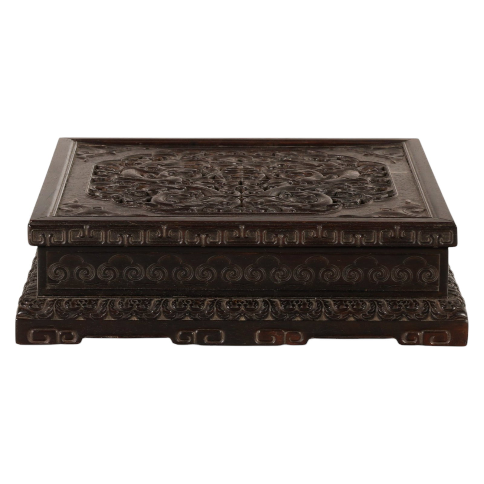 Chinese 18C Zitan Reticulated Square Wood Box: Chinese, antique 18th century square covered zitan wood box with a reticulated carved lid featuring scrolling motifs and stylized elements within a framed border. The sides and base are decorated with