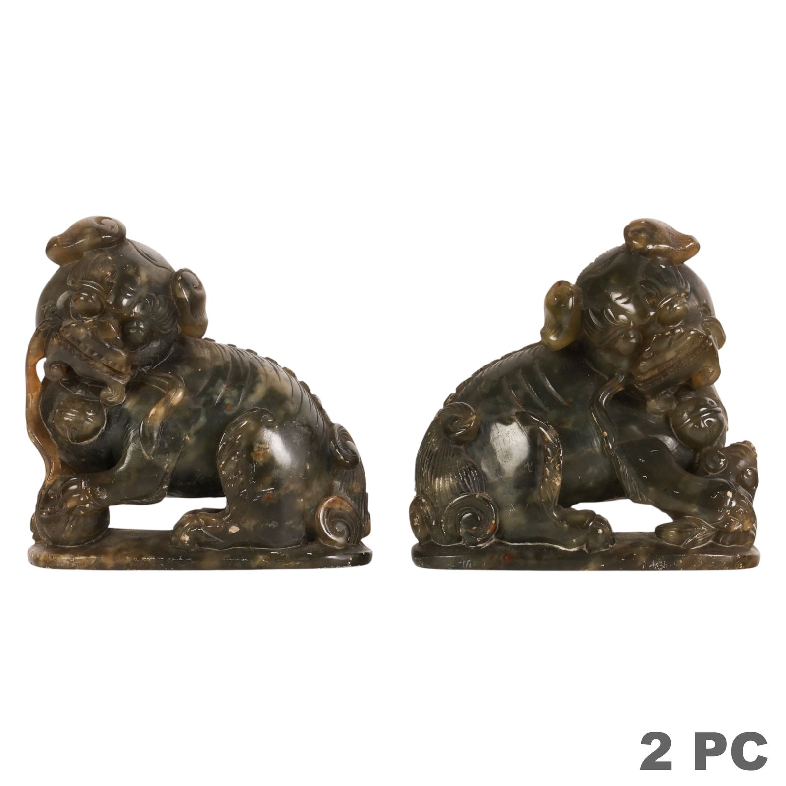 Chinese Pair of Carved Jade Stone Foo Dog Lions (1 of 6)
