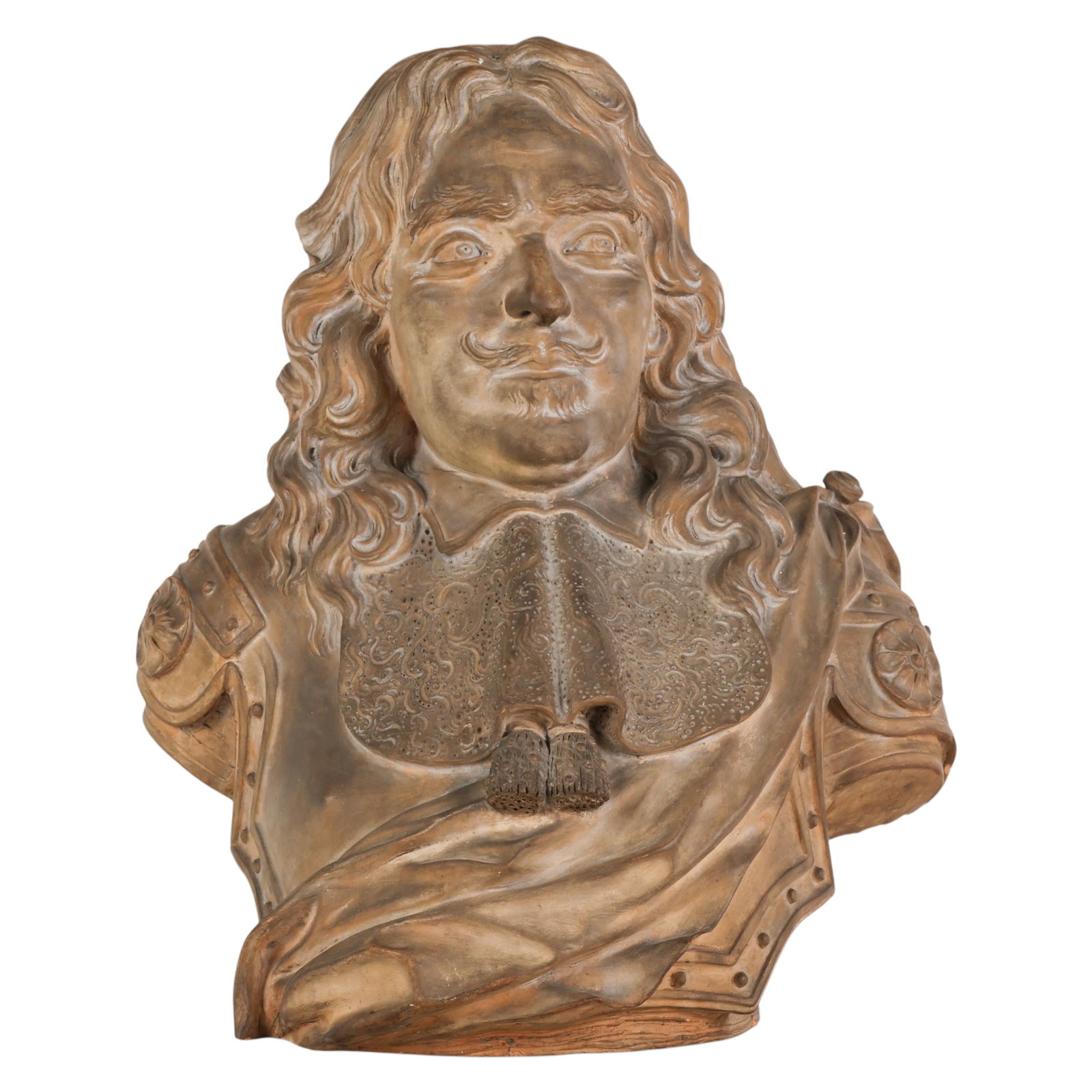 Antique French Henri de La Tour Terracotta Bust: French, an antique 17th century terracotta bust depicting Henri de La Tour d Auvergne Vicomte de Turenne (1611-1675), portrayed in 17th century ceremonial armor with a detailed lace collar and ornate