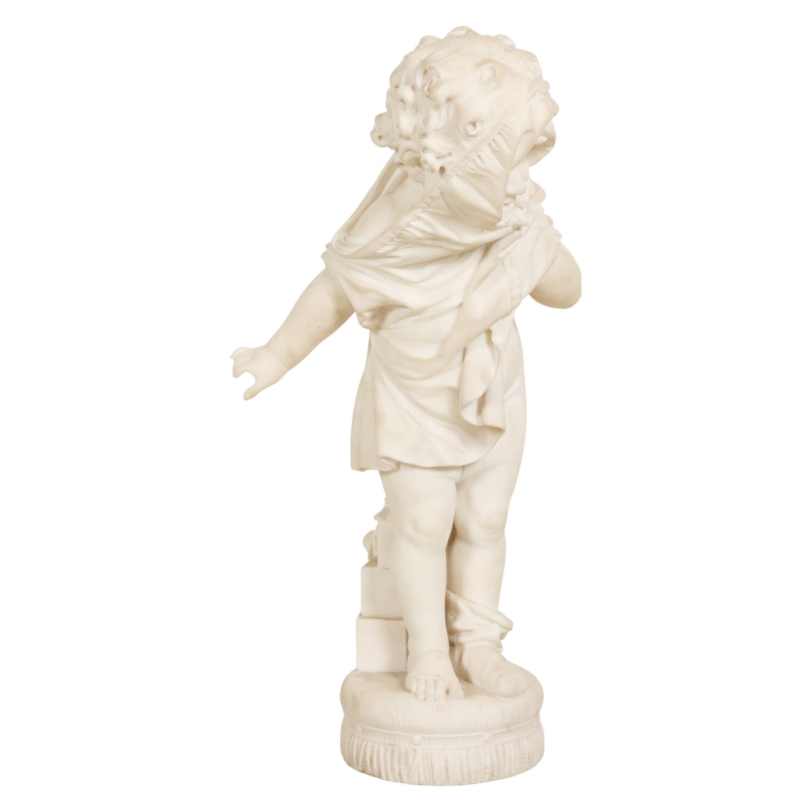Luigi Morfi 19C Italian Marble Child Sculpture: Luigi Morfi (19th Century Italian), Primo Vestito (First Dress), Carrara marble sculpture depicting a standing child with a draped garment covering her head raised on a circular footstool form base. T