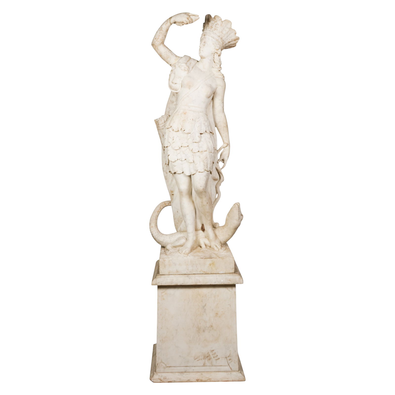 18C Italian Marble Figural Sculpture of America: Continental School, 18th century, a carved marble figural sculpture depicting America from The Four Continents Quattro Continenti, modeled as a Native warrior wearing a feathered headdress and scaled