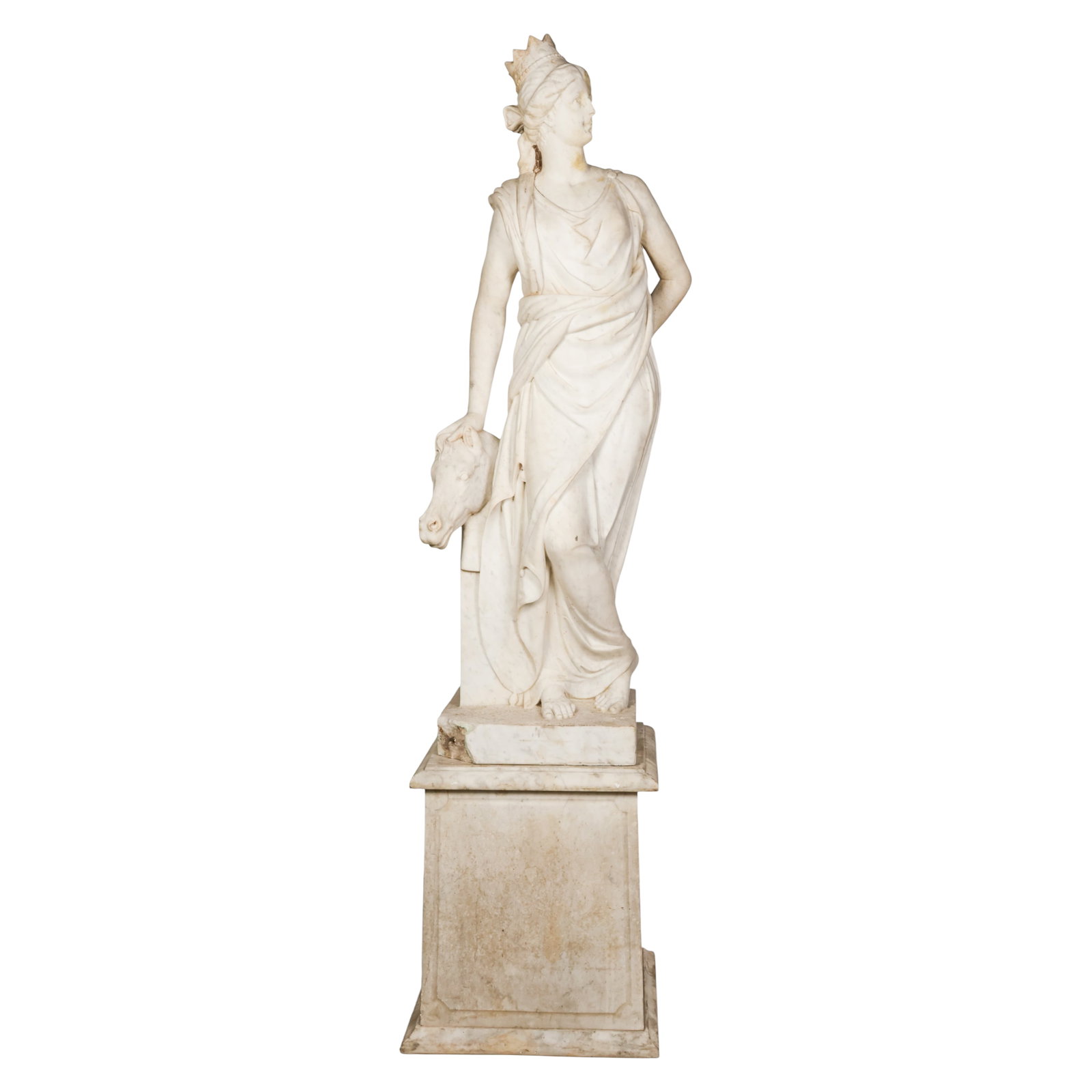 18C Italian Marble Figural Sculpture of Europe: Continental School, 18th century, a carved marble figural sculpture depicting Europa from The Four Continents Quattro Continenti, presented in classical drapery and wearing a crown or diadem. The alle