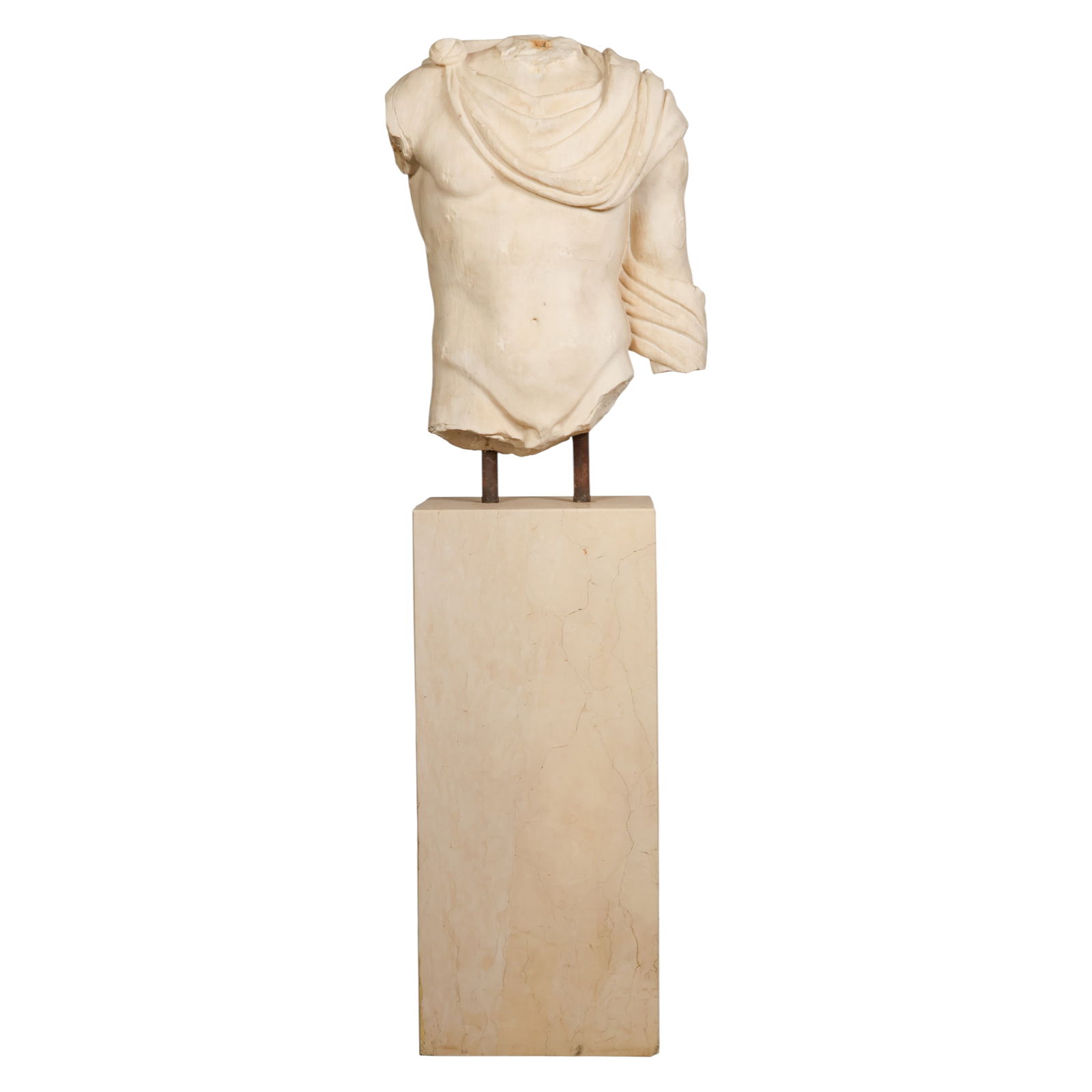 Marble Partial Roman Torso Sculpture on Pedestal: Continental School, 2nd century, a marble torso sculpture in the Classical Roman style depicting a draped male figure fragment mounted on metal supports and set upon a rectangular marble pedestal base